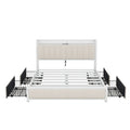 Queen Bed Frame With Led Headboard, Upholstered Bed With 4 Storage Drawers And Usb Ports, Beige Queen Beige Linen