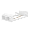 Twin Size Floor Bed With Storage Footboard And Guardrail, White Box Spring Not Required Twin White Wood Bedroom Bed Frame Solid Wood Mdf