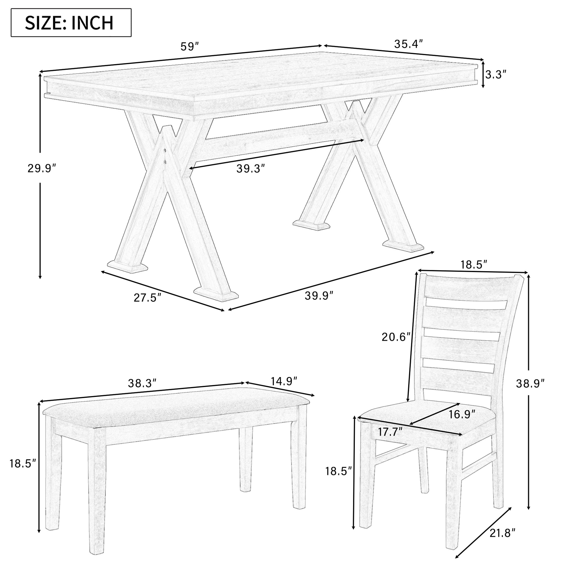 6 Piece Retro 59"L Rectangular Dining Table Set, Table With Unique Legs And 4 Upholstered Chairs & 1 Bench For Dining Room And Kitchen White Wood Dining Room Distressed Finish Rubberwood Rectangular Dining Table With Chair And Bench Upholstered Chair