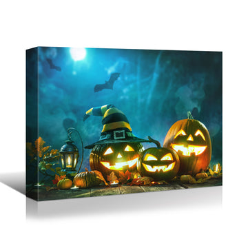 Drop Ping Framed Canvas Wall Art Decor Painting For Halloween, Jack O Lanterns With Wizard Hat Painting For Halloween Gift, Decoration For Halloween Living Room, Bedroom Decor Ready To Hang Multicolor Canvas