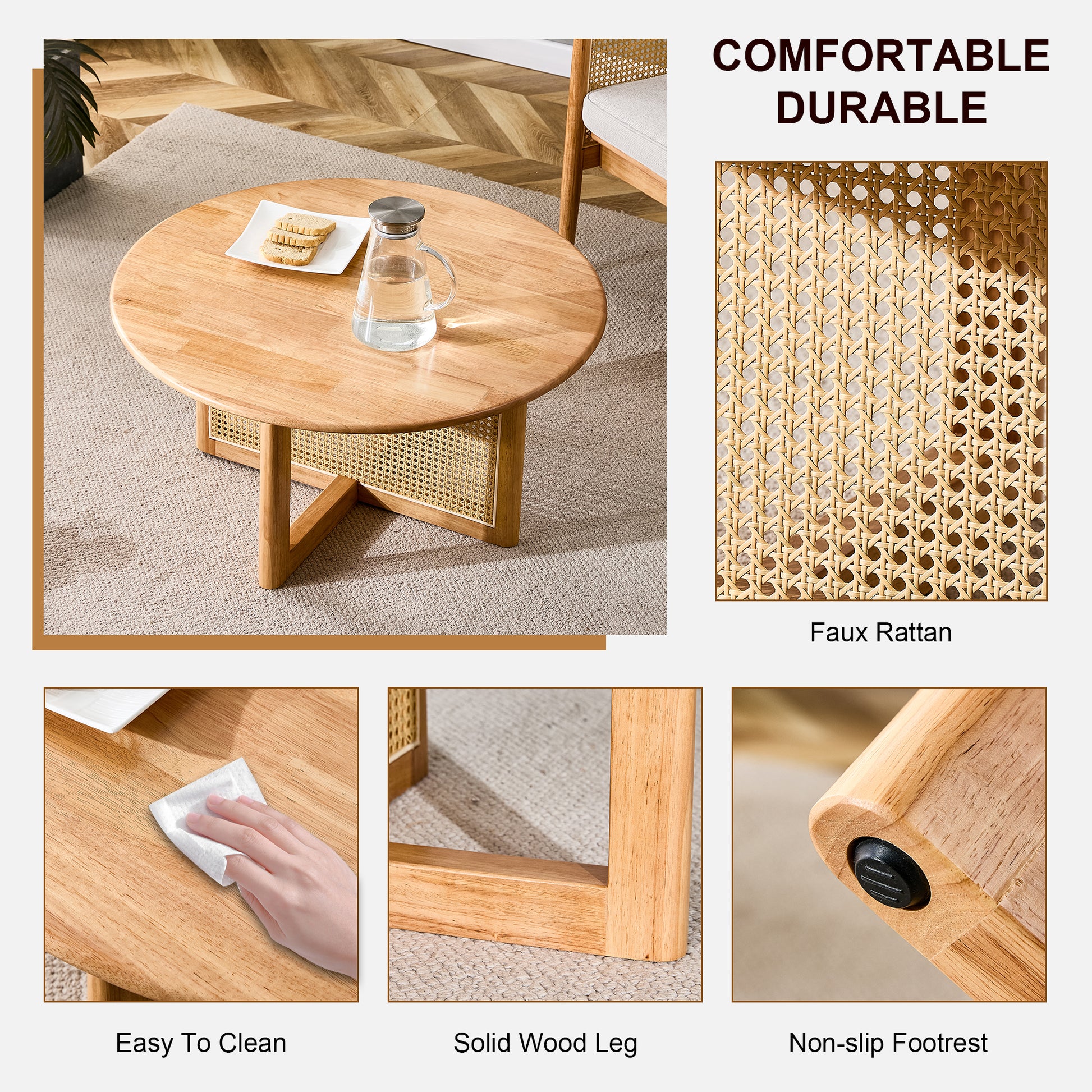 Naturally Elegant Wooden Coffee Table With Faux Rattan Accents Perfect For Stylish Living Rooms And Cozy Tea Time Natural Wood Wood
