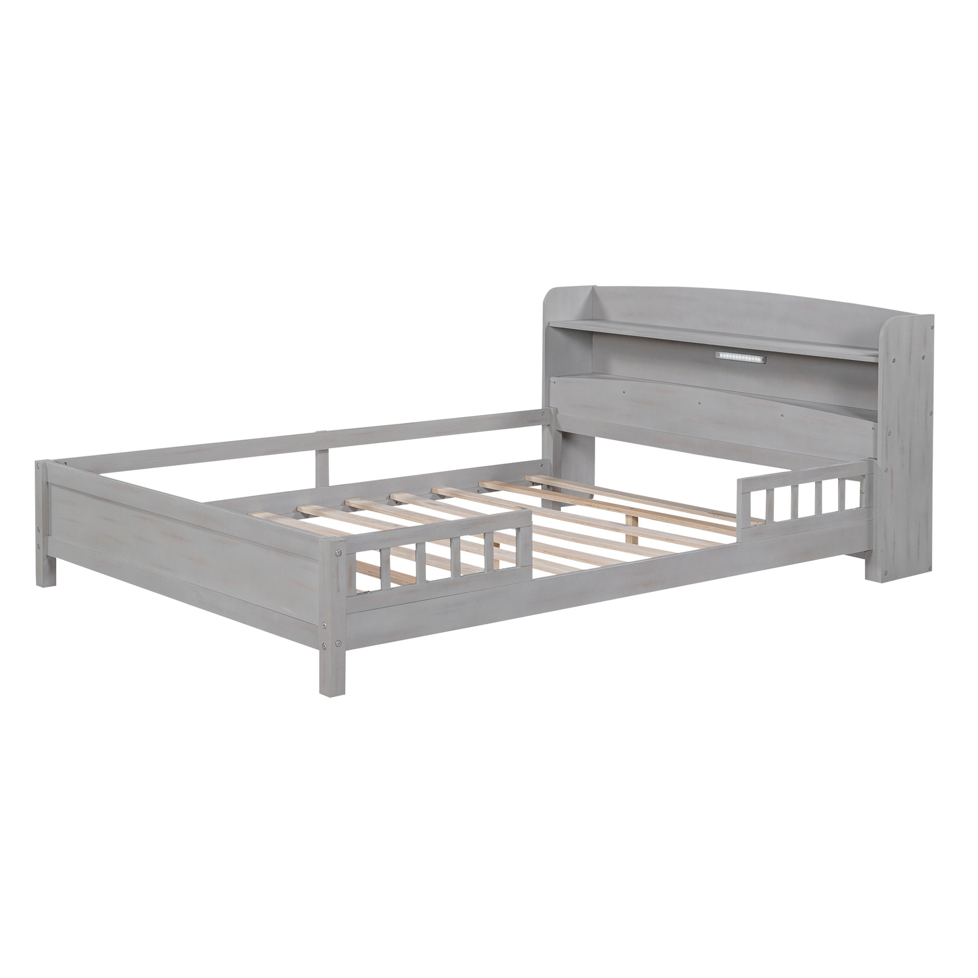 Wood Full Size Platform Bed With Built In Led Light, Storage Headboard And Guardrail, Antique Grey Box Spring Not Required Full Antique Gray Wood Bedroom Bed Frame Solid Wood Mdf