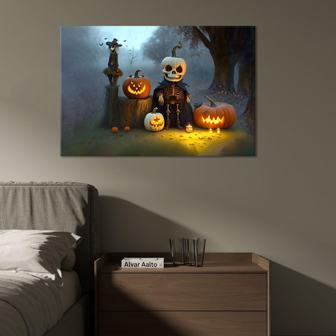 Drop Ping Framed Canvas Wall Art Decor Painting For Halloween, Skeleton With Jack O Lanterns Painting For Halloween Gift, Decoration For Halloween Living Room, Bedroom Decor Ready To Hang Rectangle Framed Multicolor Halloween Oversized 41In Canvas