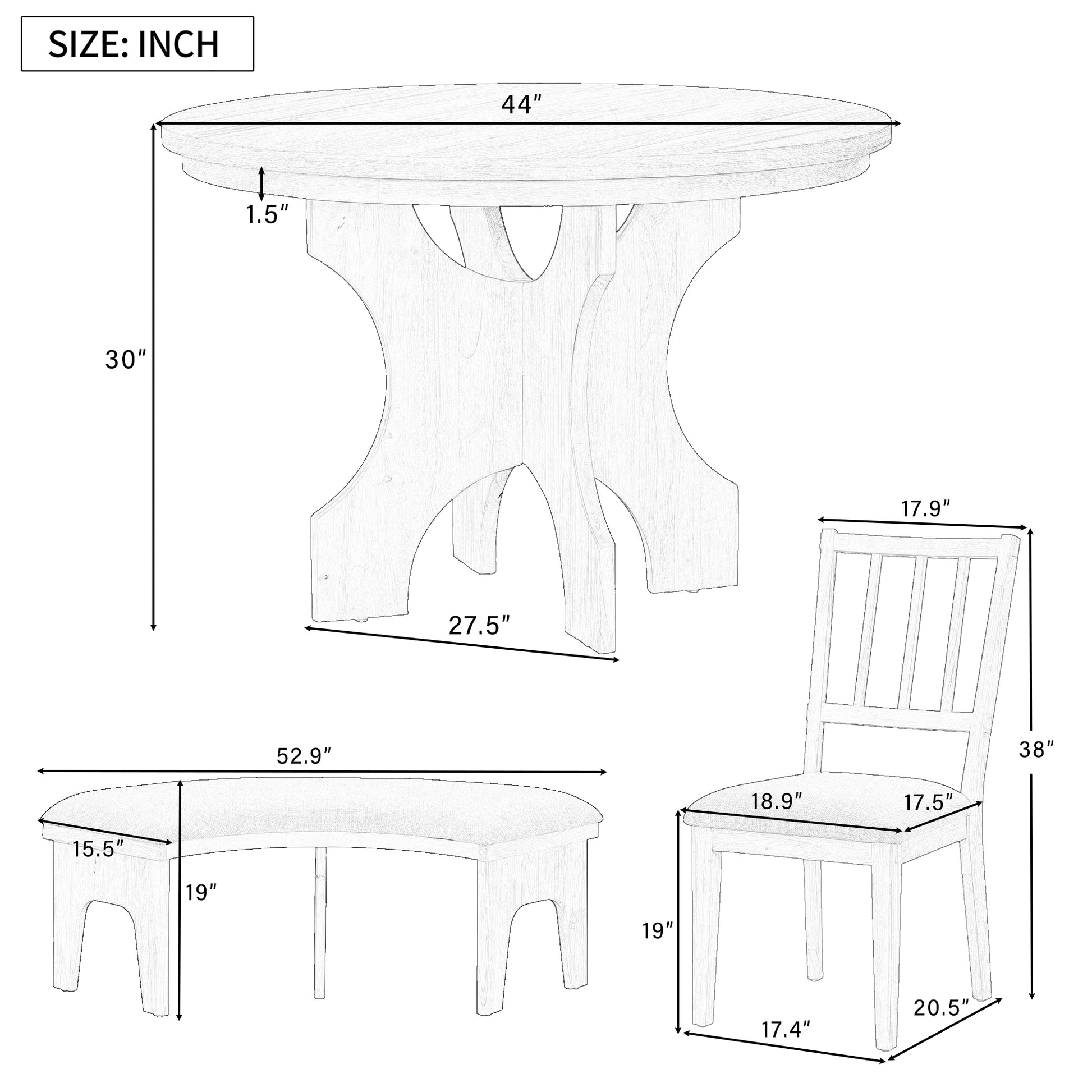 5 Piece Dining Table Set, 44" Round Dining Table With Curved Bench & Side Chairs For 4 5 People For Dining Room And Kitchen Natural Wood Wash Wood Dining Room Distressed Finish Rubberwood Round Dining Table With Chair And Bench Upholstered Chair Wood