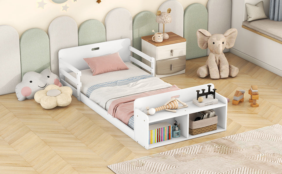 Twin Size Floor Bed With Storage Footboard And Guardrail, White Box Spring Not Required Twin White Wood Bedroom Bed Frame Solid Wood Mdf