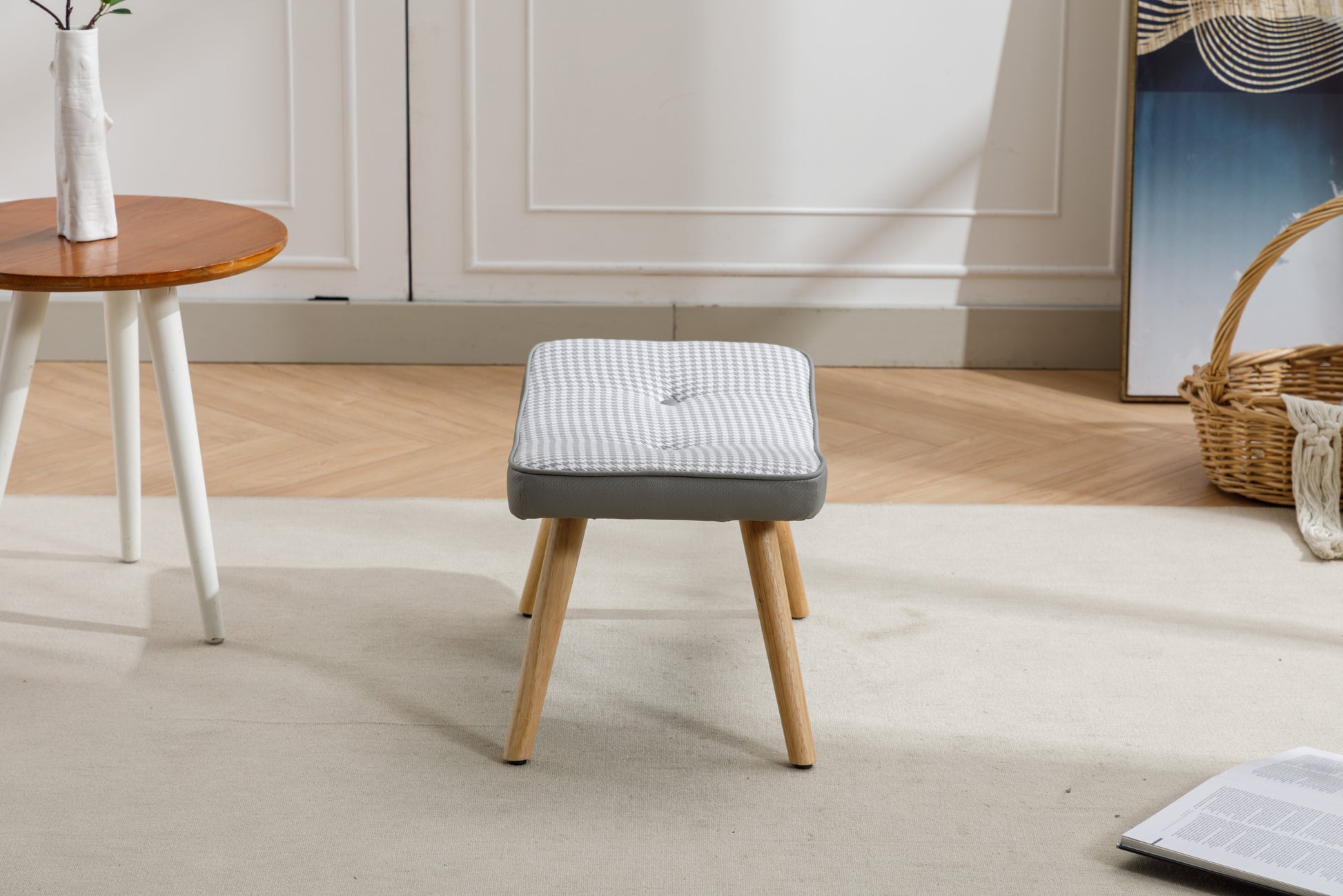 Wooden Step Ottoman,Wooden Step Stool For Adults,Square Cushion Foot Stool,Small Stool With Non Slip Pad,Wood Stool Suitable For Bedroom, Living Room And Kitchen Light Grey Light Gray Foam Linen