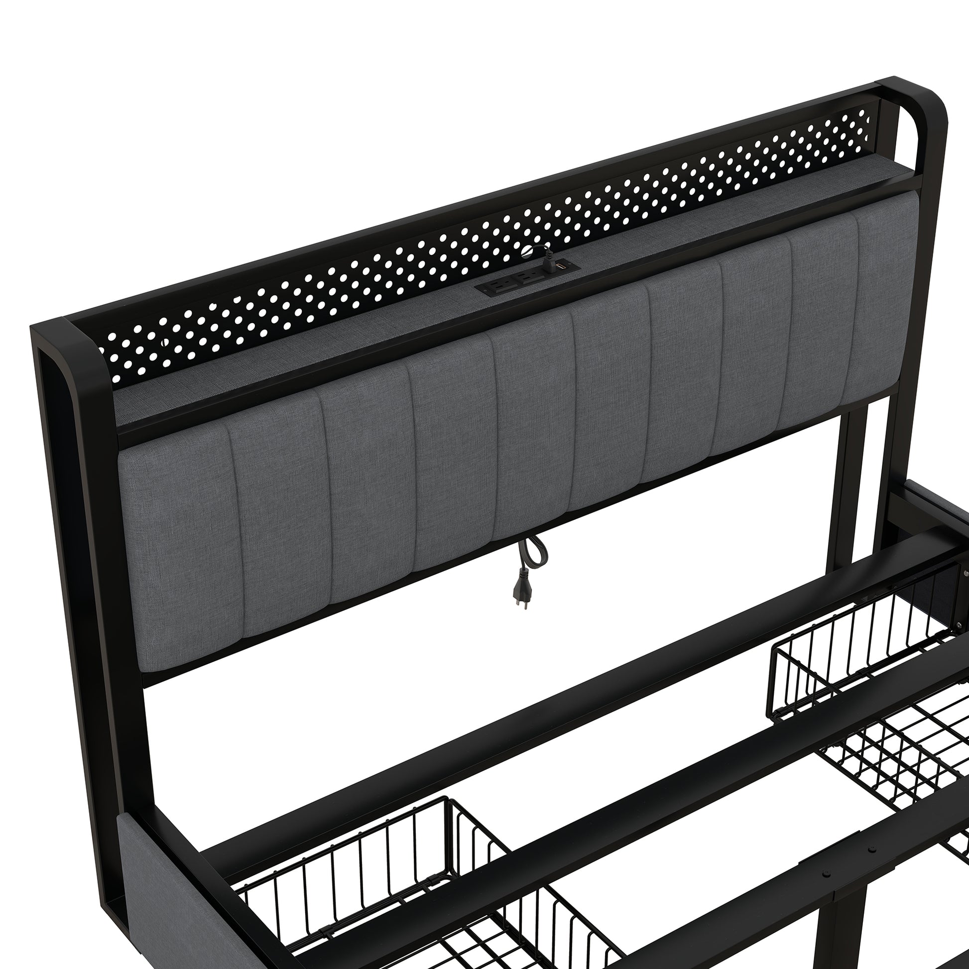 Queen Bed Frame With Led Headboard, Upholstered Bed With 4 Storage Drawers And Usb Ports, Dark Grey Queen Dark Gray Linen