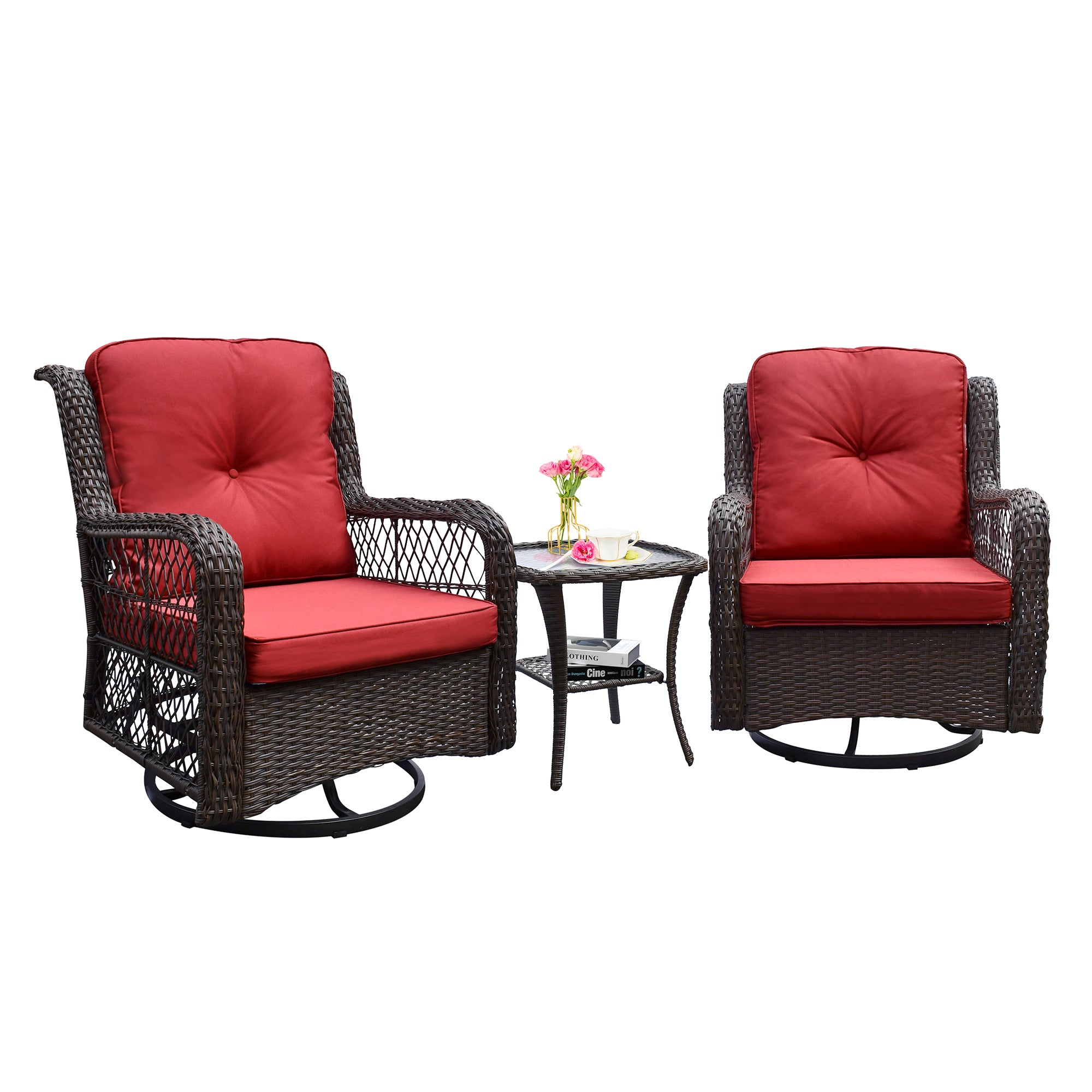 Outdoor Bistro Set 3 Pieces, Outdoor Resin Wicker Swivel Rocker Patio Chair, 360 Degree Swivel Rocking Chairs And Tempered Glass Top Side Coffee Table, Outdoor Rattan Conversation Sets Red Yes Complete Patio Set Red Weather Resistant Frame Fade Resistant