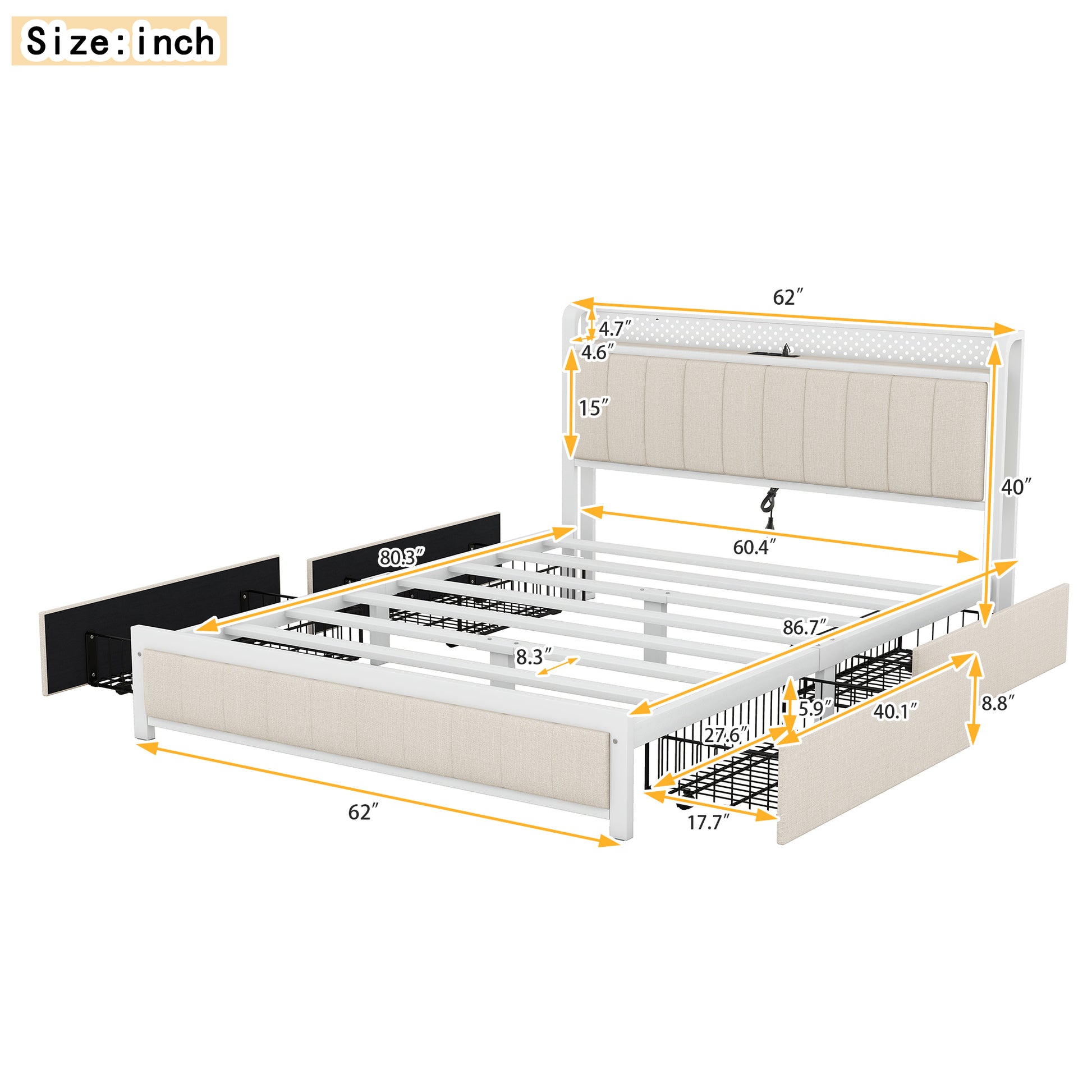 Queen Bed Frame With Led Headboard, Upholstered Bed With 4 Storage Drawers And Usb Ports, Beige Queen Beige Linen