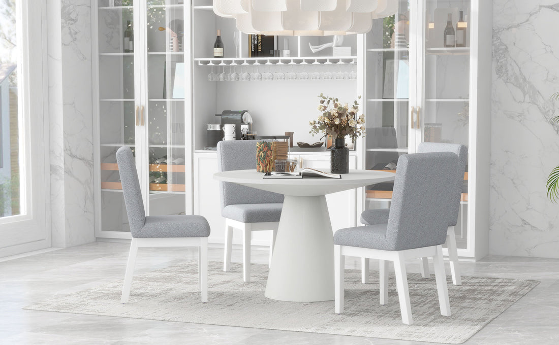 5 Piece Dining Set Retro Round Table With 4 Upholstered Chairs For Living Room, Dining Room Creamy White Cream White Rubber Wood