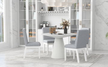 5 Piece Dining Set Retro Round Table With 4 Upholstered Chairs For Living Room, Dining Room Creamy White Cream White Rubber Wood