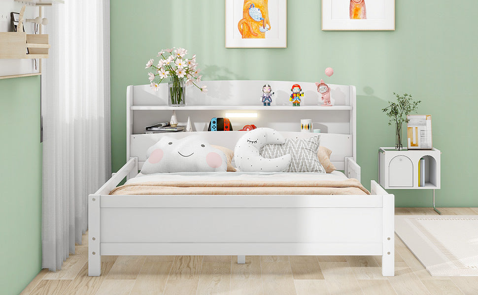 Wood Full Size Platform Bed With Built In Led Light, Storage Headboard And Guardrail, White Box Spring Not Required Full White Wood Bedroom Bed Frame Solid Wood Mdf