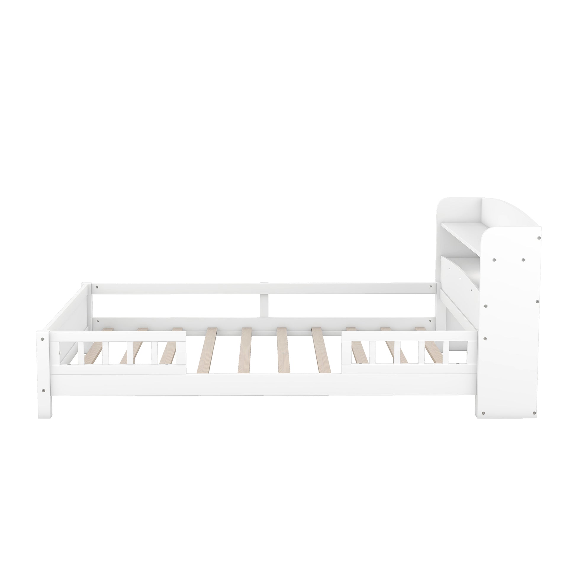 Wood Full Size Platform Bed With Built In Led Light, Storage Headboard And Guardrail, White Box Spring Not Required Full White Wood Bedroom Bed Frame Solid Wood Mdf