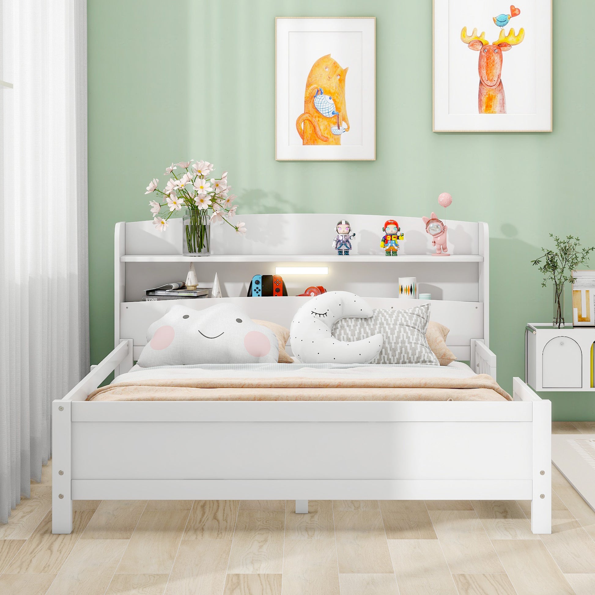 Wood Full Size Platform Bed With Built In Led Light, Storage Headboard And Guardrail, White Box Spring Not Required Full White Wood Bedroom Bed Frame Solid Wood Mdf