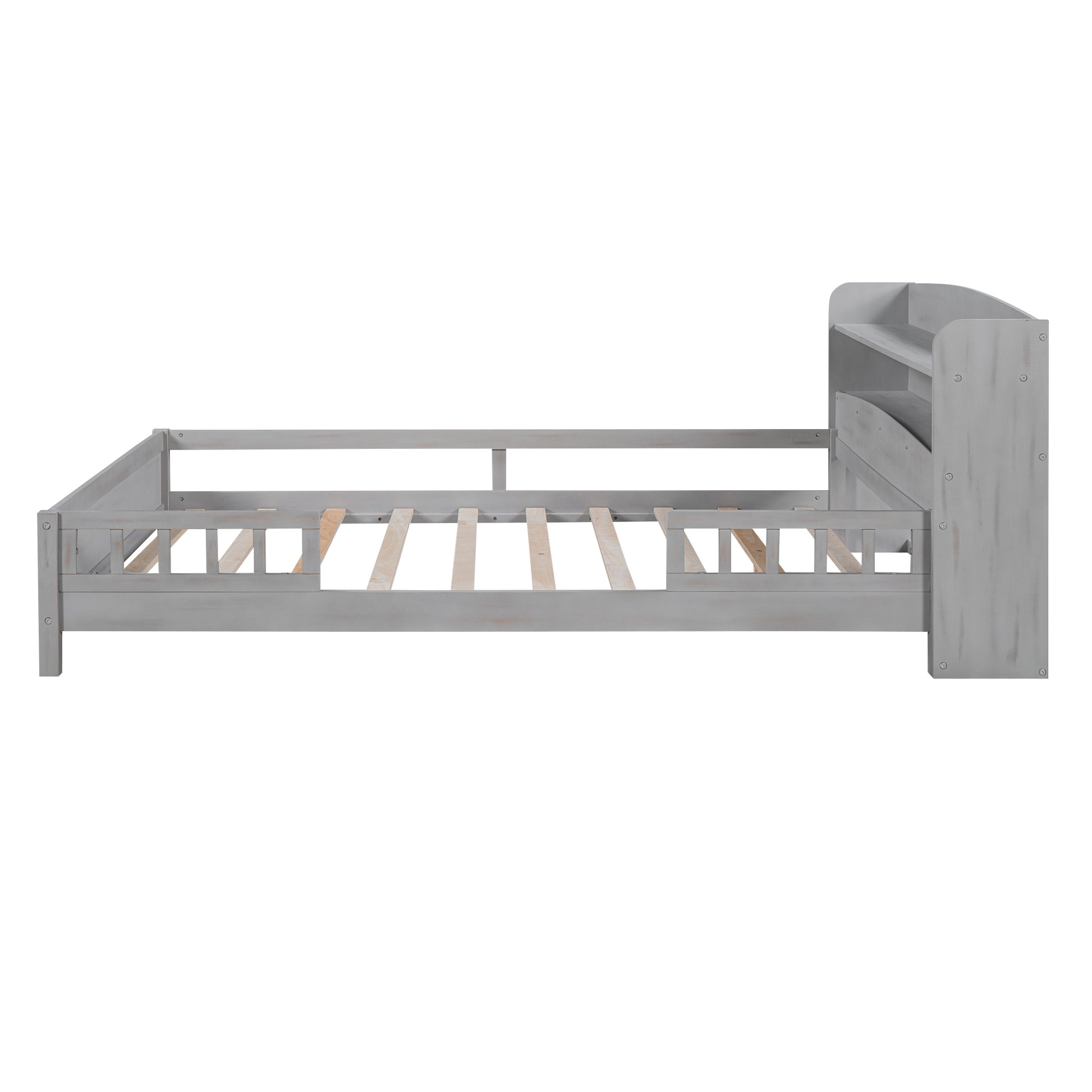 Wood Full Size Platform Bed With Built In Led Light, Storage Headboard And Guardrail, Antique Grey Box Spring Not Required Full Antique Gray Wood Bedroom Bed Frame Solid Wood Mdf