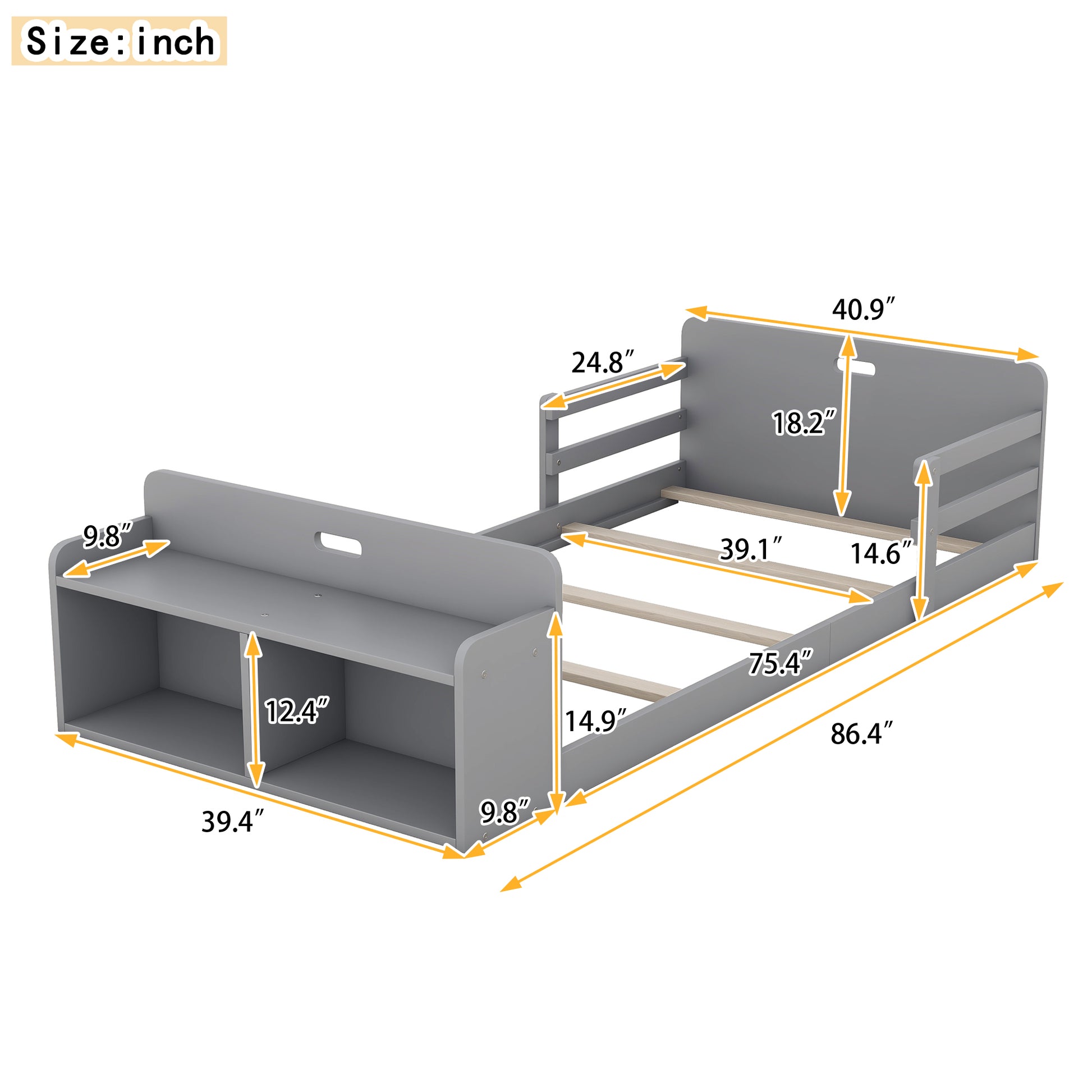 Twin Size Floor Bed With Storage Footboard And Guardrail, Grey Box Spring Not Required Twin Grey Wood Bedroom Bed Frame Solid Wood Mdf