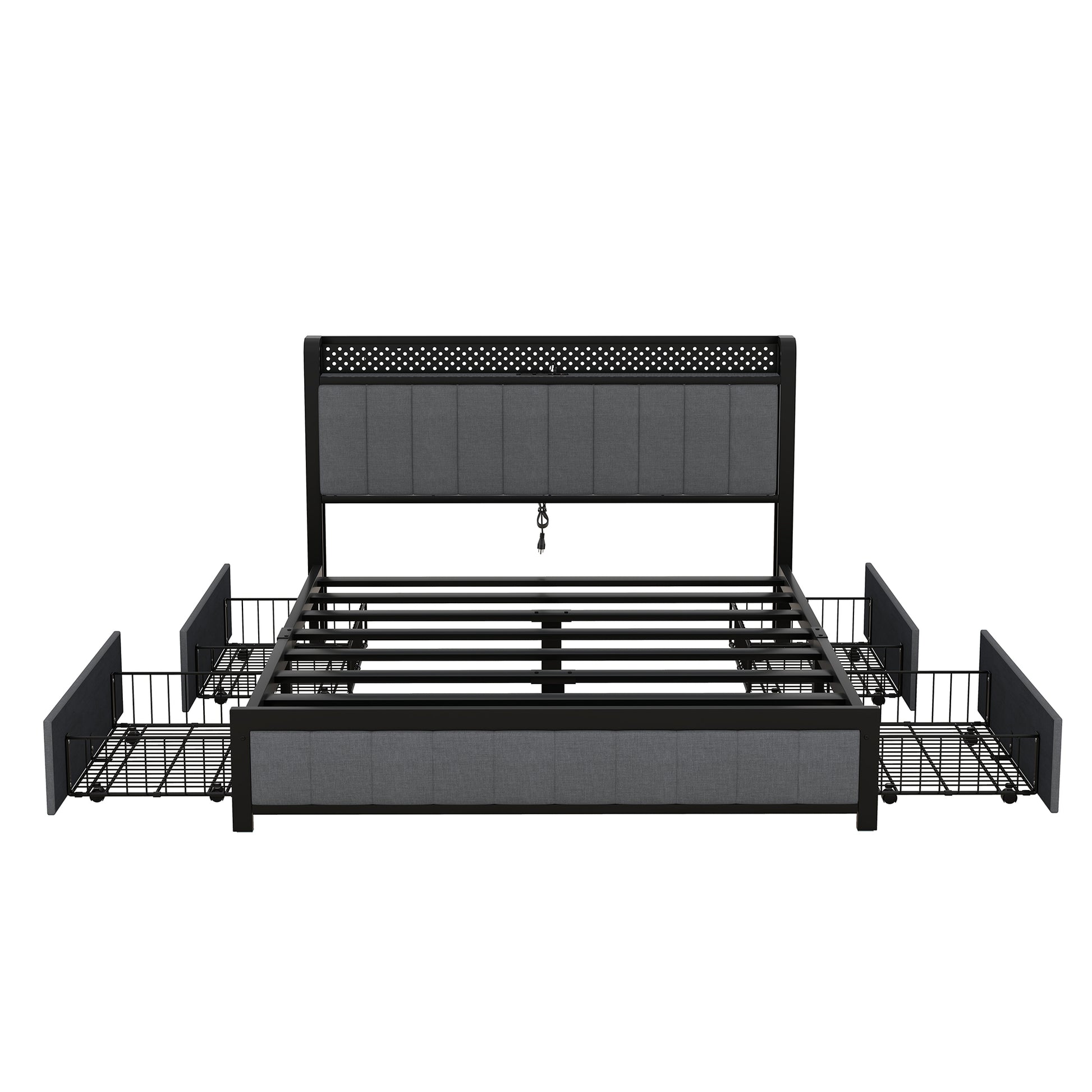 Queen Bed Frame With Led Headboard, Upholstered Bed With 4 Storage Drawers And Usb Ports, Dark Grey Queen Dark Gray Linen