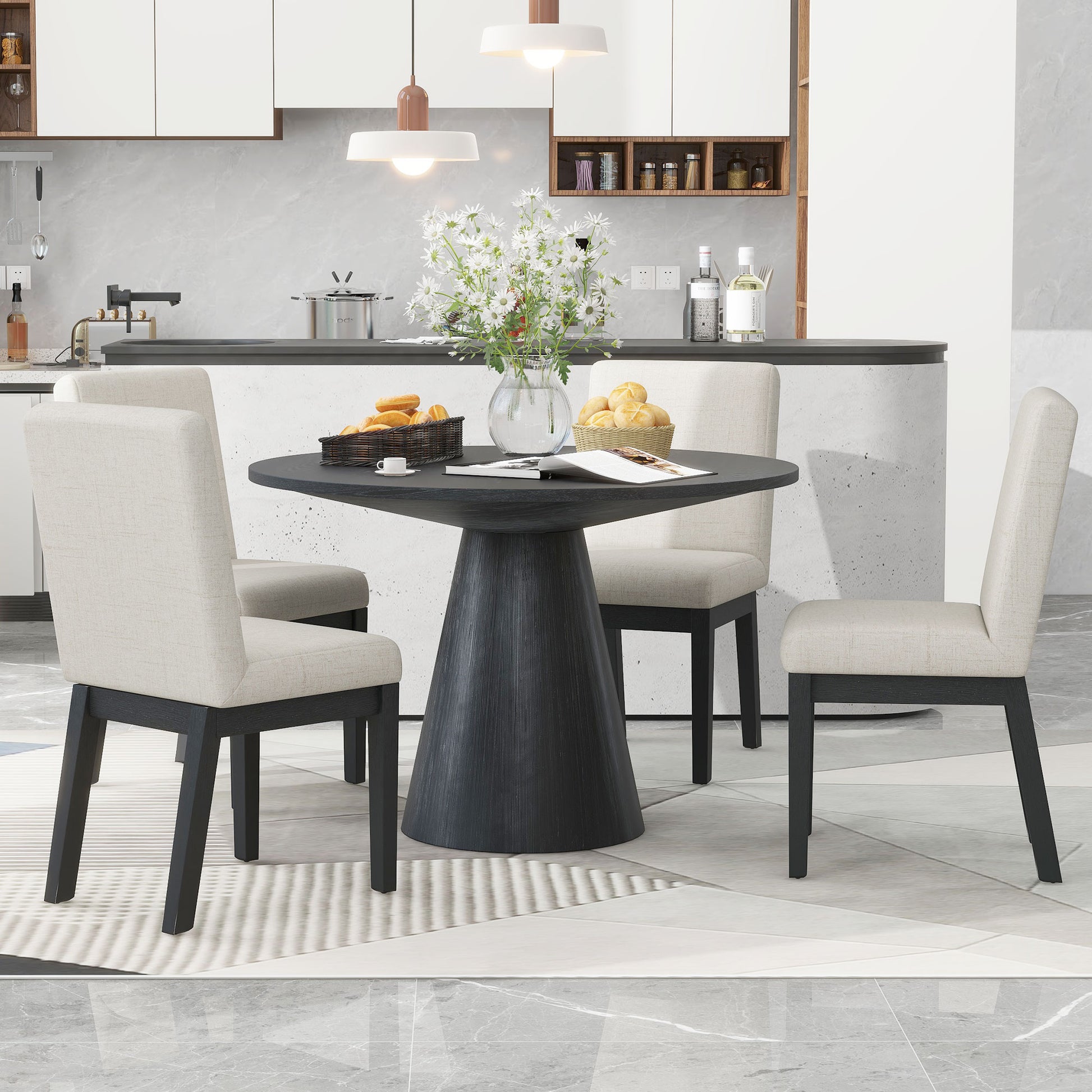 5 Piece Dining Set Retro Round Table With 4 Upholstered Chairs For Living Room, Dining Room Black Black Rubber Wood