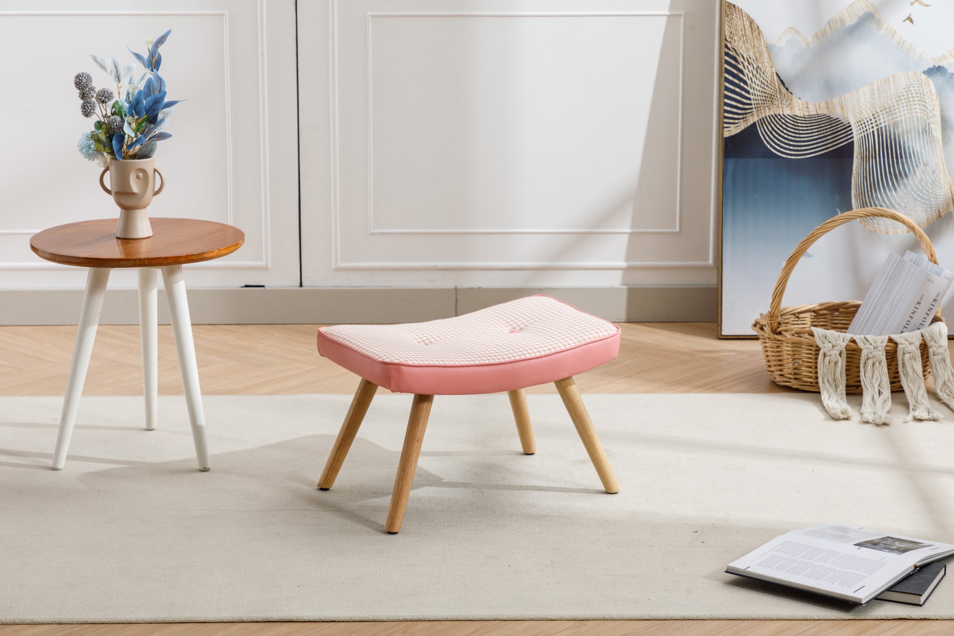 Wooden Step Ottoman,Wooden Step Stool For Adults,Square Cushion Foot Stool,Small Stool With Non Slip Pad,Wood Stool Suitable For Bedroom, Living Room And Kitchen Pink Pink Foam Linen