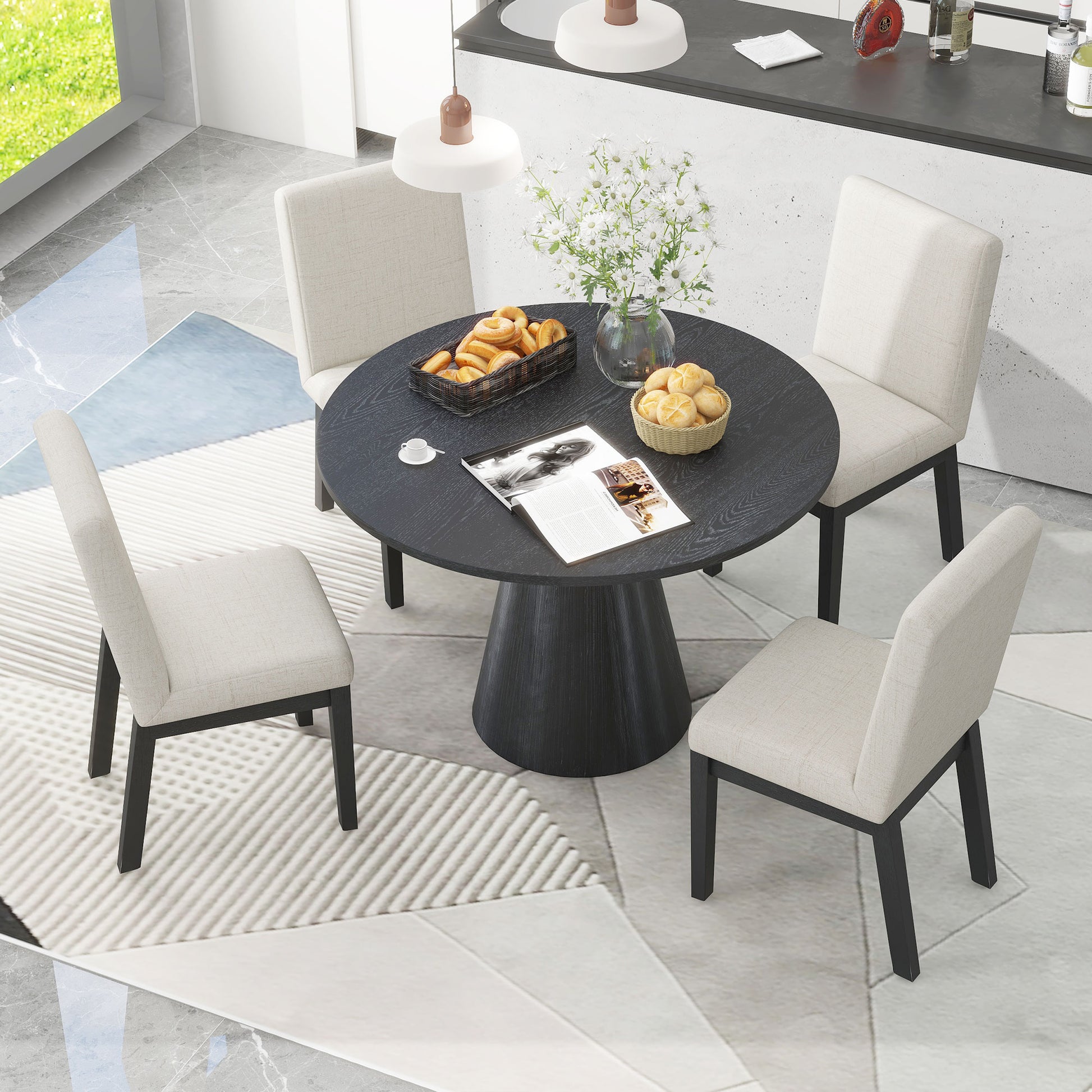5 Piece Dining Set Retro Round Table With 4 Upholstered Chairs For Living Room, Dining Room Black Black Rubber Wood