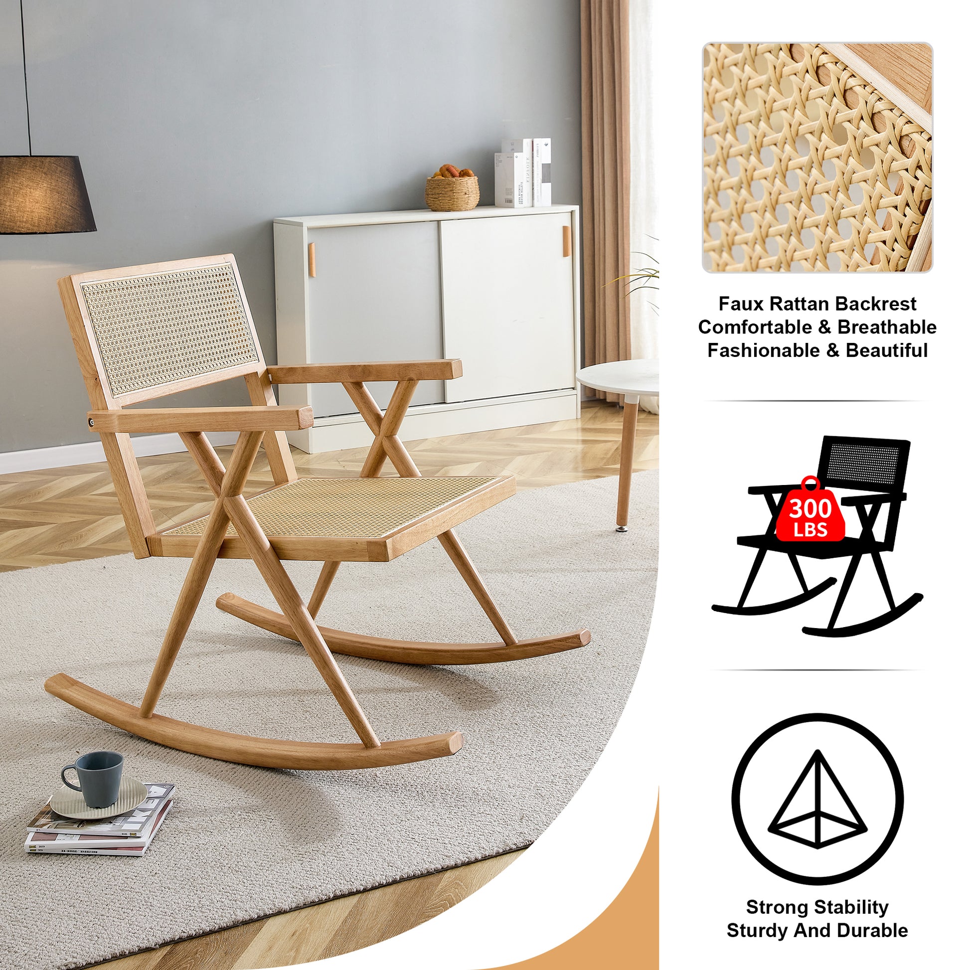 Solid Wood Imitation Rattan Rocking Chair Allows You To Relax Quietly Indoors And Outdoors, Enhancing Your Sense Of Relaxation, Suitable For Balconies, Gardens, And Camping Sites Natural Wood Solid Wood