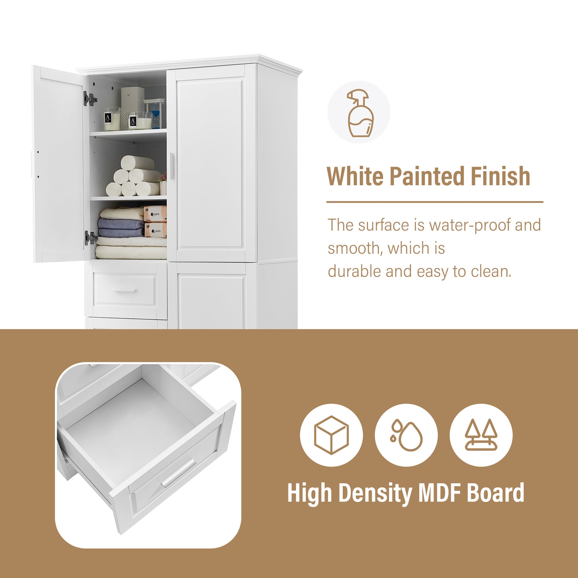 Tall And Wide Storage Cabinet With Doors For Bathroom Office, Three Drawers, White White Mdf