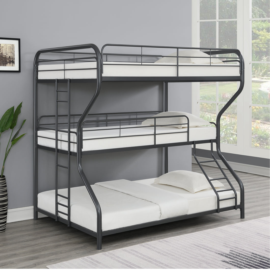 Furnituretriple Bunk Bed, Full Twin Full, Black Black Metal