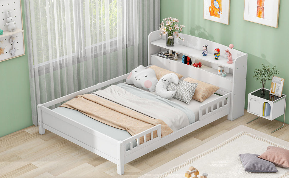 Wood Full Size Platform Bed With Built In Led Light, Storage Headboard And Guardrail, White Box Spring Not Required Full White Wood Bedroom Bed Frame Solid Wood Mdf