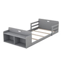 Twin Size Floor Bed With Storage Footboard And Guardrail, Grey Box Spring Not Required Twin Grey Wood Bedroom Bed Frame Solid Wood Mdf