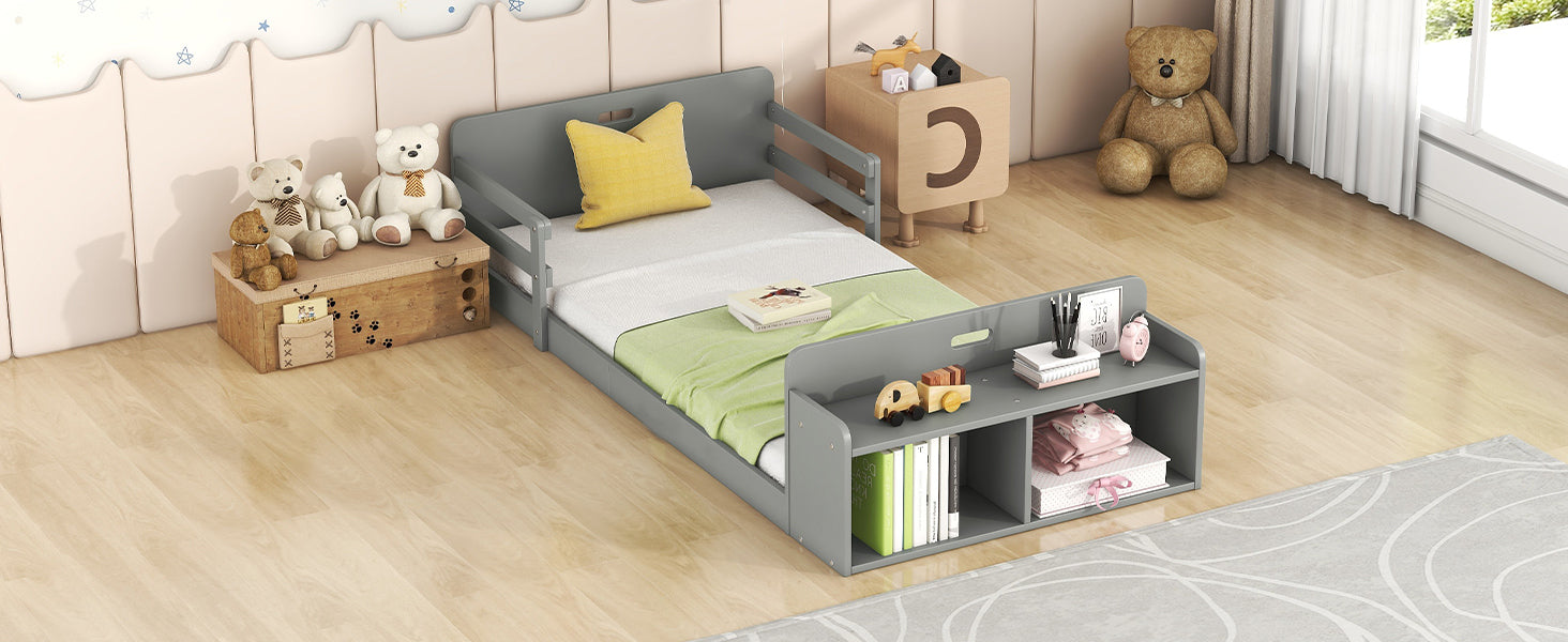 Twin Size Floor Bed With Storage Footboard And Guardrail, Grey Box Spring Not Required Twin Grey Wood Bedroom Bed Frame Solid Wood Mdf