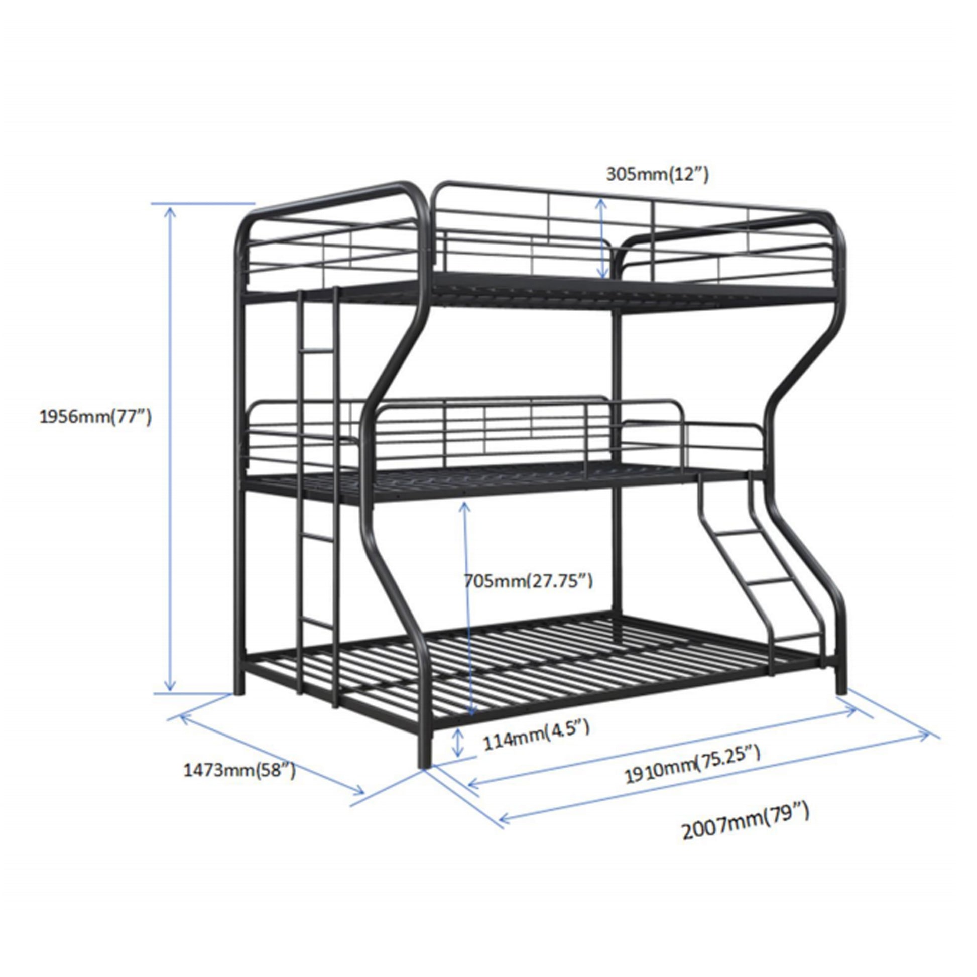 Furnituretriple Bunk Bed, Full Twin Full, Black Black Metal