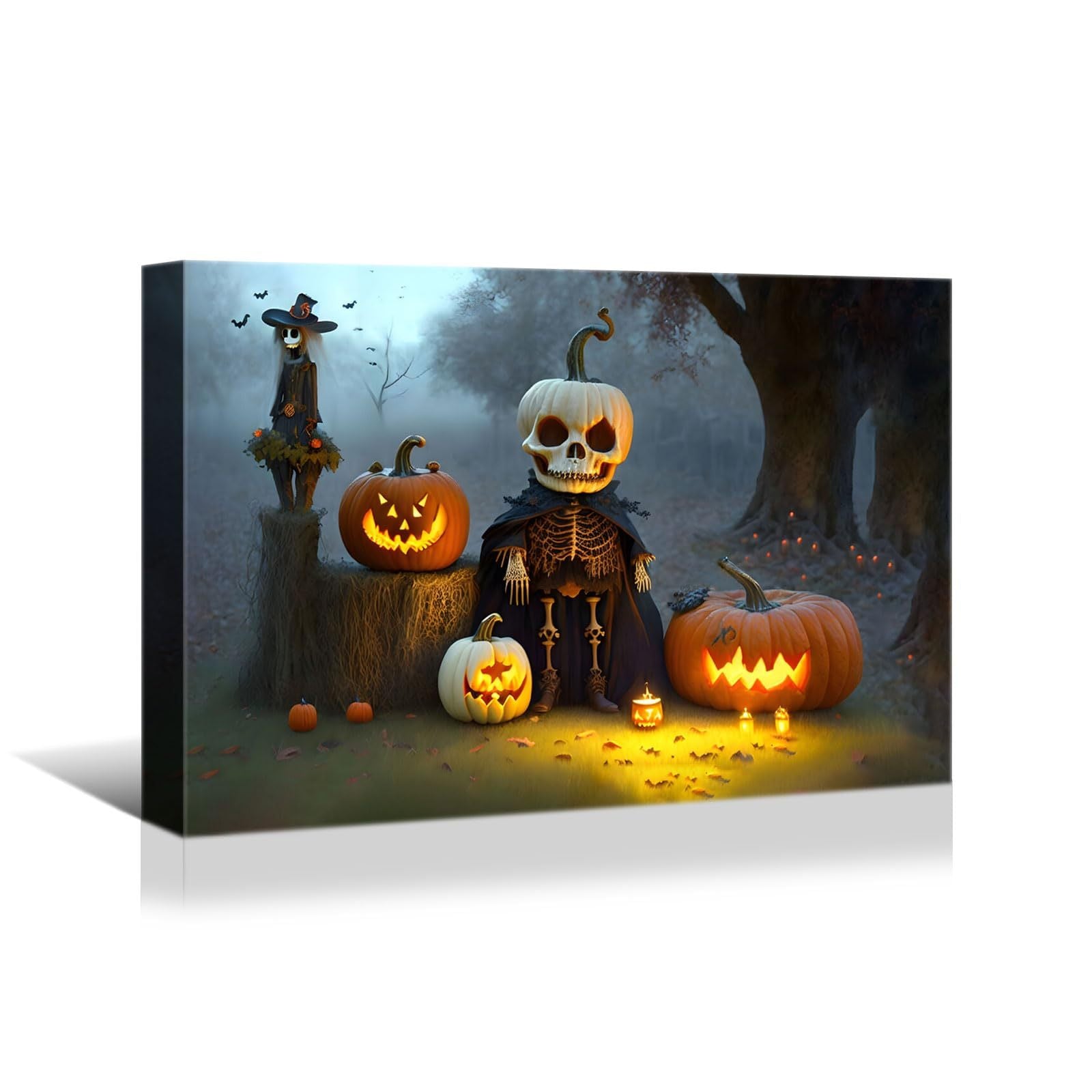 Drop Ping Framed Canvas Wall Art Decor Painting For Halloween, Skeleton With Jack O Lanterns Painting For Halloween Gift, Decoration For Halloween Living Room, Bedroom Decor Ready To Hang Rectangle Framed Multicolor Halloween Oversized 41In Canvas