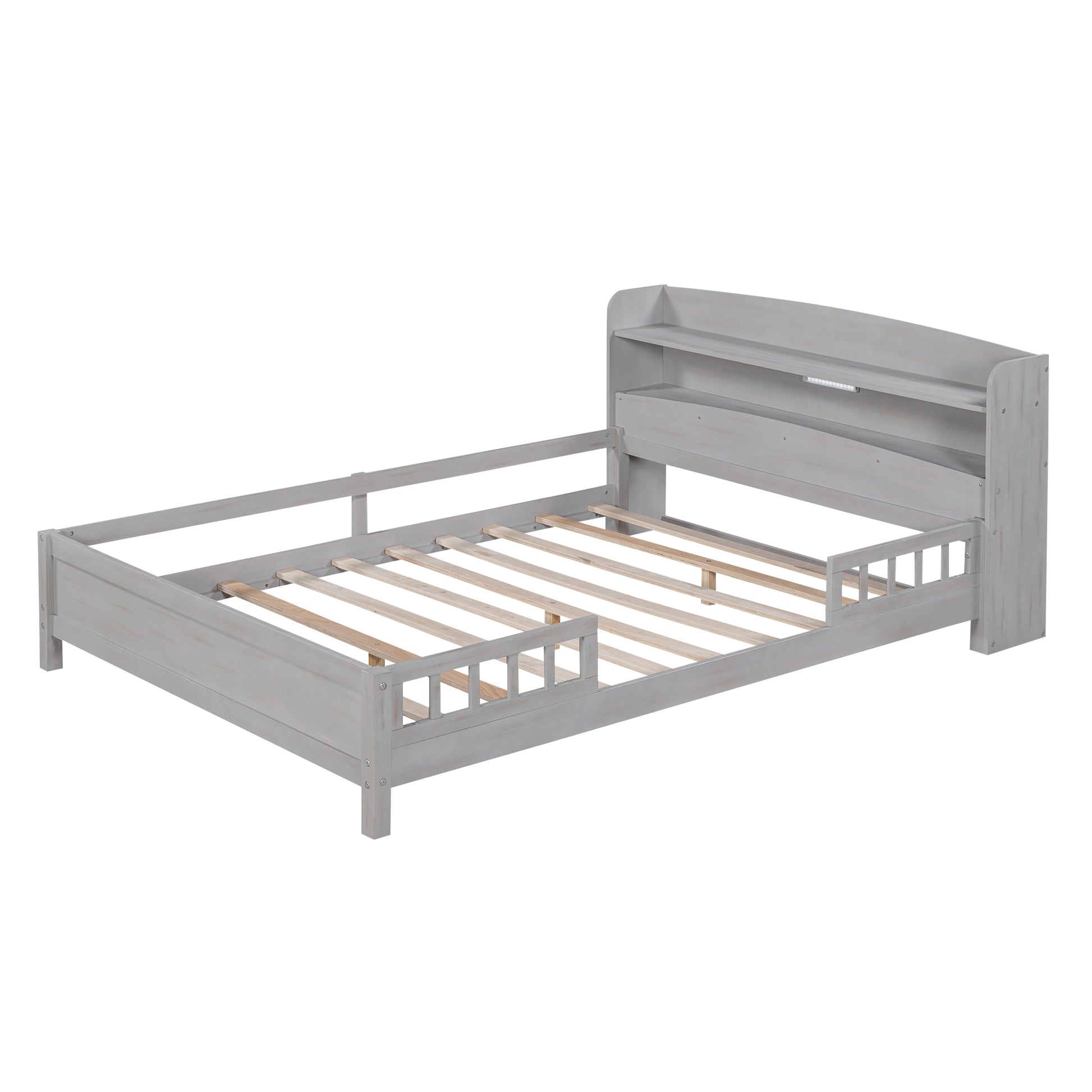 Wood Full Size Platform Bed With Built In Led Light, Storage Headboard And Guardrail, Antique Grey Box Spring Not Required Full Antique Gray Wood Bedroom Bed Frame Solid Wood Mdf