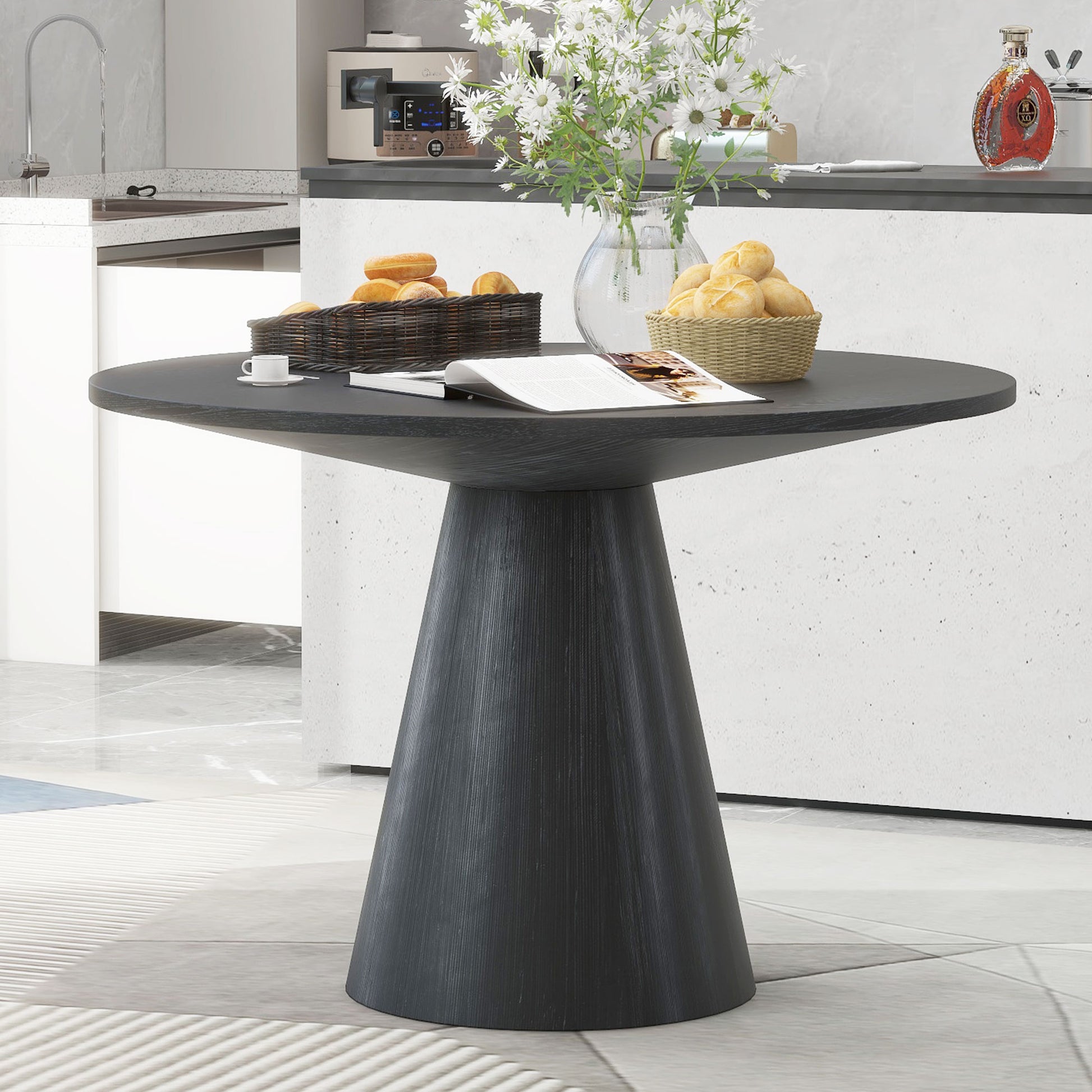 Retro Round Dining Table Minimalist Elegant Table For Living Room, Dining Room Black Black Rubber Wood