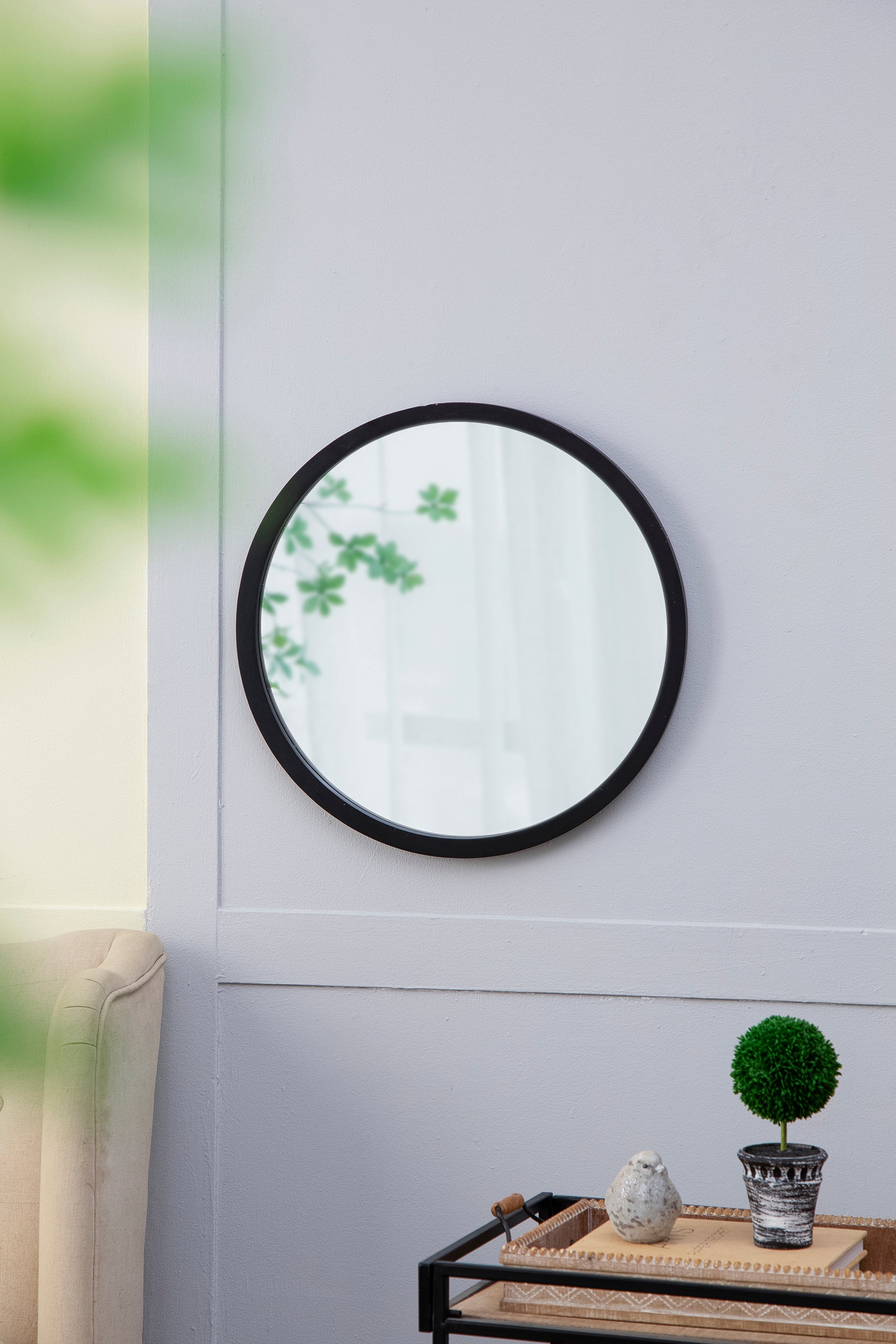 20" X 20" Circle Wall Mirror With Wooden Frame And Black Finish, Wall Mirror For Living Room, Dining Room, Foyer, Bathroom, Office Black Wood Glass