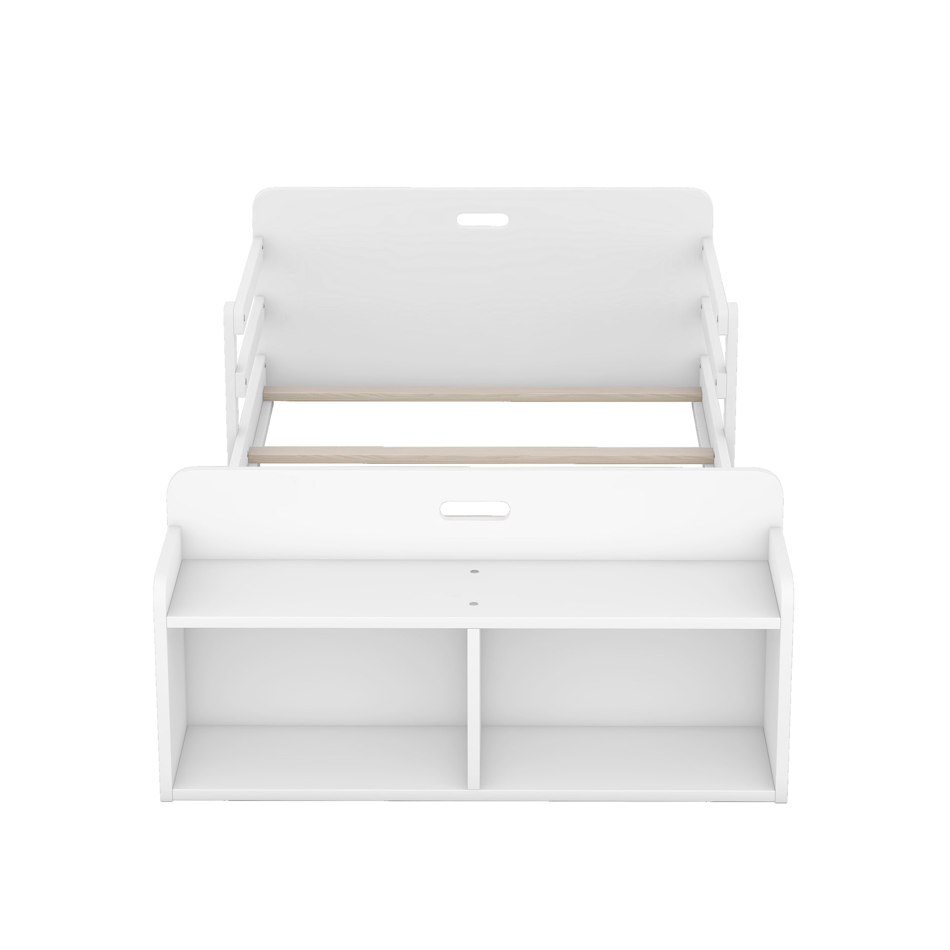 Twin Size Floor Bed With Storage Footboard And Guardrail, White Box Spring Not Required Twin White Wood Bedroom Bed Frame Solid Wood Mdf