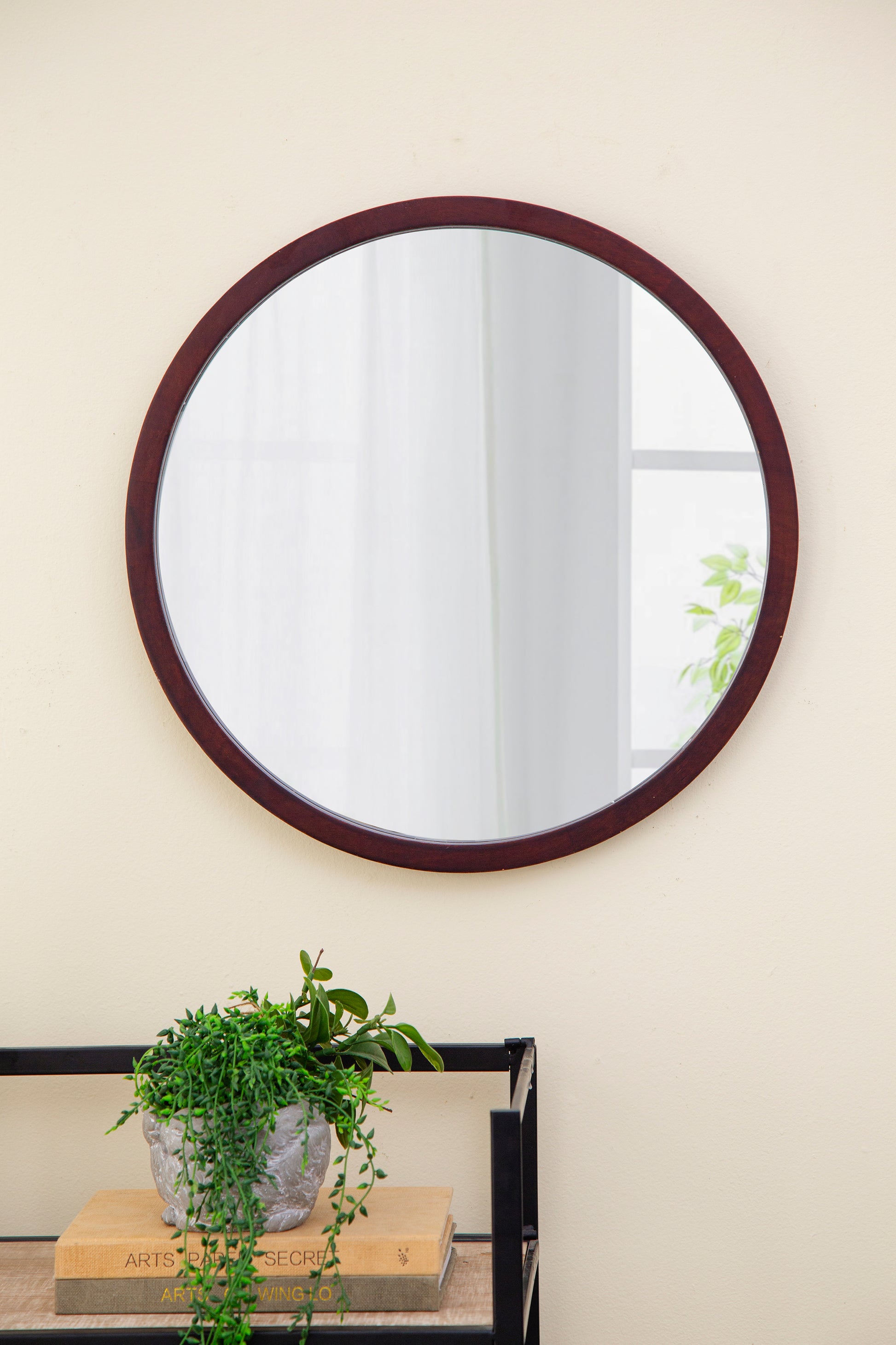 20" X 20" Circle Wall Mirror With Wooden Frame And Walnut Finish,Wall Mirror For Living Room Dining Room Brown Wood Glass