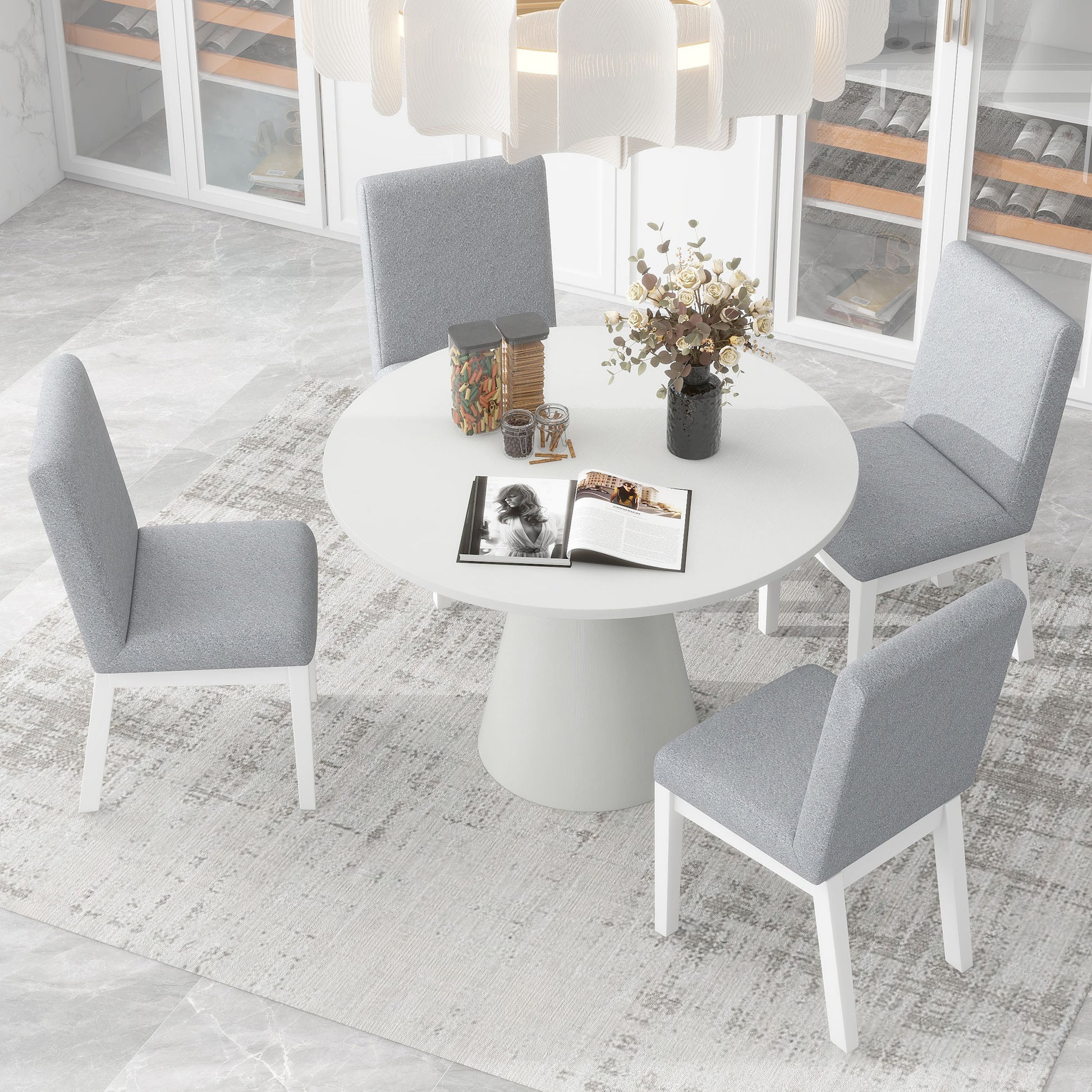 5 Piece Dining Set Retro Round Table With 4 Upholstered Chairs For Living Room, Dining Room Creamy White Cream White Rubber Wood