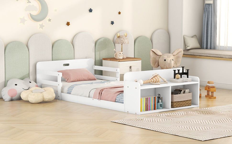 Twin Size Floor Bed With Storage Footboard And Guardrail, White Box Spring Not Required Twin White Wood Bedroom Bed Frame Solid Wood Mdf