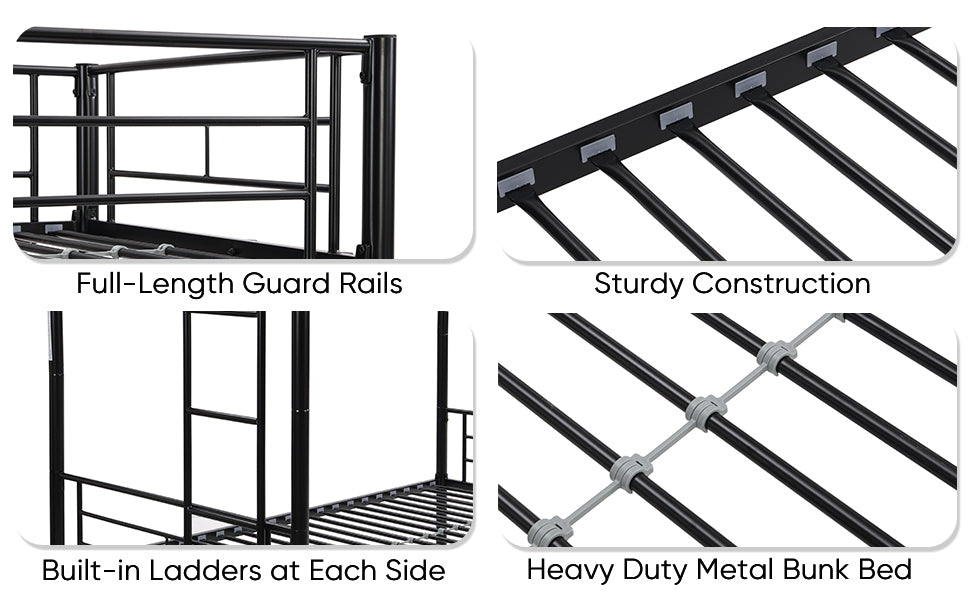 Over Twin Bunk Bed Frame With Trundle,Metal Bunkbed With Sturdy Guard Rail And 2 Sideladders For Kids Adults,Can Be Divided Into Two Beds, No Box Spring Needed, Noise Free For Dorm,Black Box Spring Not Required Twin Black Metal Bedroom Industrial Bunk