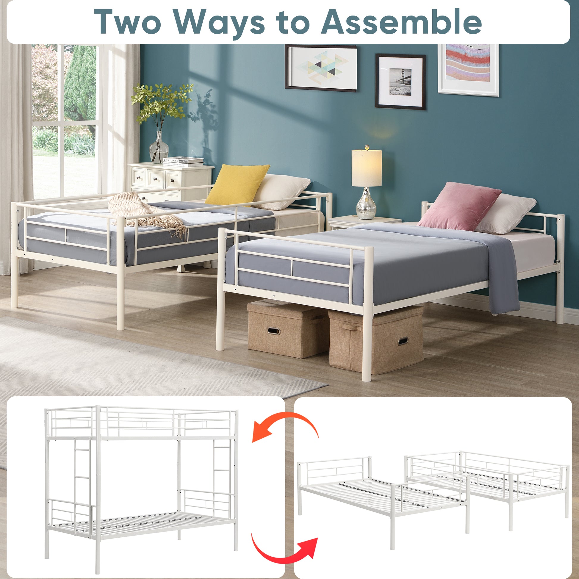 Twin Over Twin Metal Bunk Bed,Metal Structure Bedframe With Safety Guardrails And 2 Ladders,Convertible Bunkbeds,No Spring Box Required And Space Saving Design,White Box Spring Not Required Twin White Metal Bedroom Industrial Bed Frame Metal