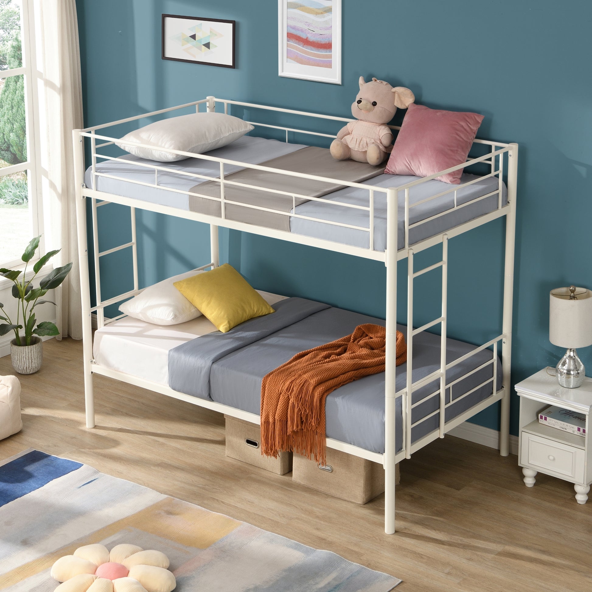 Twin Over Twin Metal Bunk Bed,Metal Structure Bedframe With Safety Guardrails And 2 Ladders,Convertible Bunkbeds,No Spring Box Required And Space Saving Design,White Box Spring Not Required Twin White Metal Bedroom Industrial Bed Frame Metal