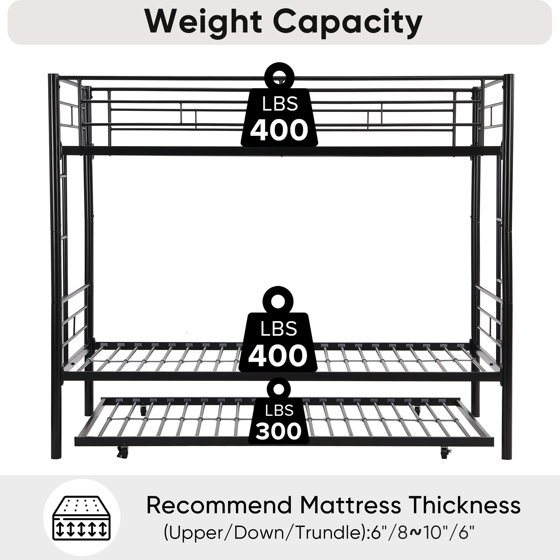 Over Twin Bunk Bed Frame With Trundle,Metal Bunkbed With Sturdy Guard Rail And 2 Sideladders For Kids Adults,Can Be Divided Into Two Beds, No Box Spring Needed, Noise Free For Dorm,Black Box Spring Not Required Twin Black Metal Bedroom Industrial Bunk