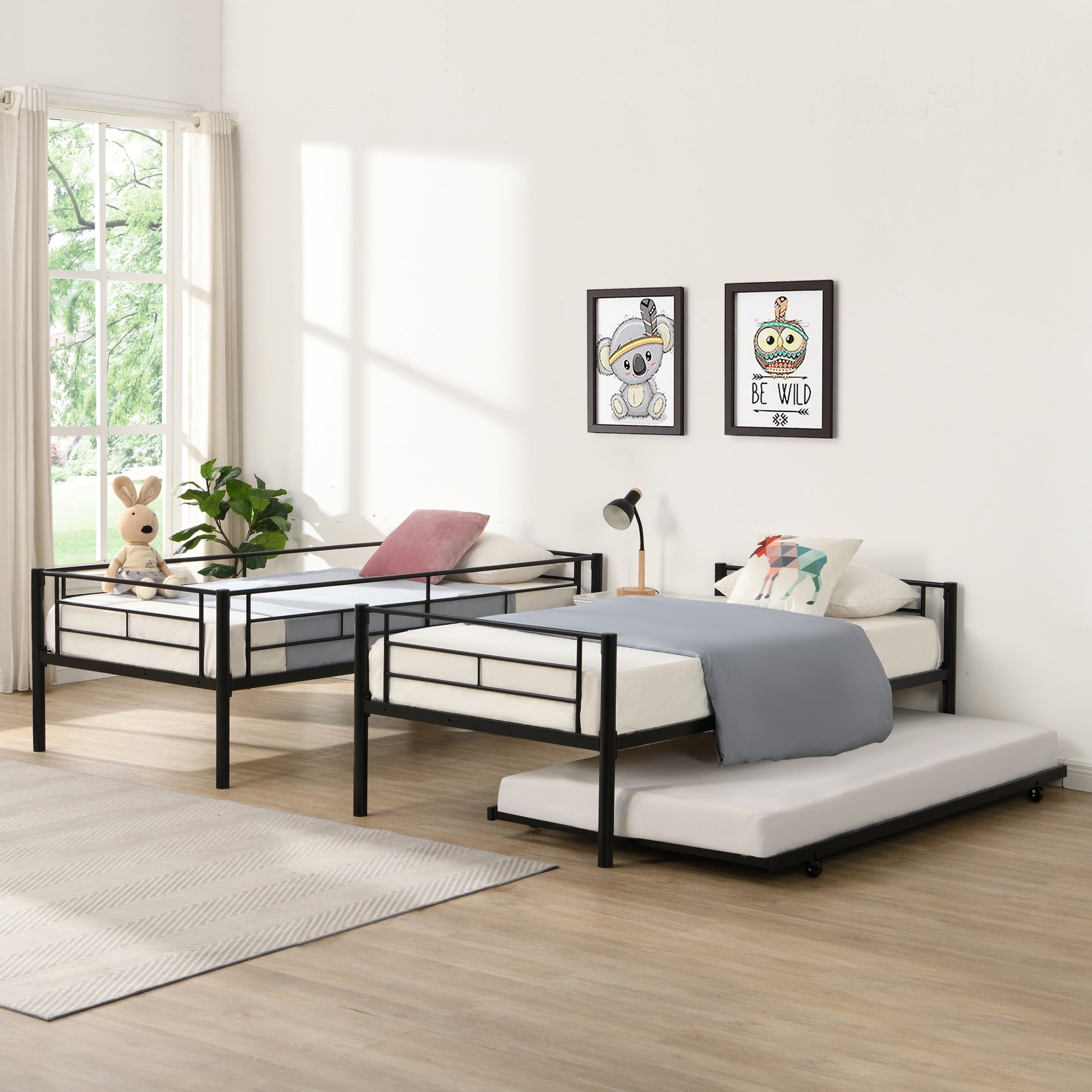 Over Twin Bunk Bed Frame With Trundle,Metal Bunkbed With Sturdy Guard Rail And 2 Sideladders For Kids Adults,Can Be Divided Into Two Beds, No Box Spring Needed, Noise Free For Dorm,Black Box Spring Not Required Twin Black Metal Bedroom Industrial Bunk