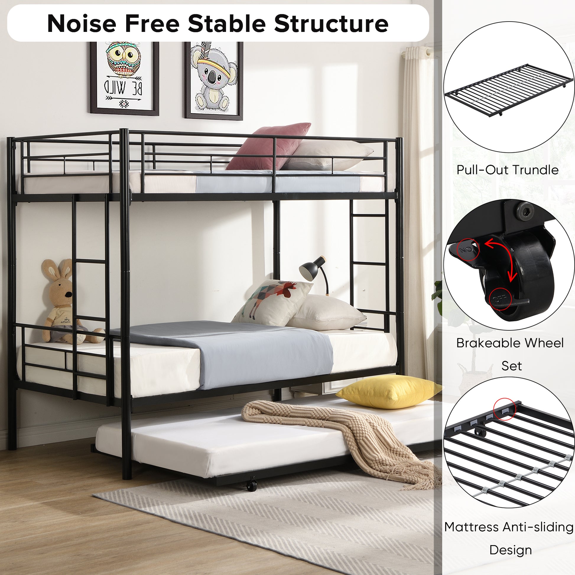 Over Twin Bunk Bed Frame With Trundle,Metal Bunkbed With Sturdy Guard Rail And 2 Sideladders For Kids Adults,Can Be Divided Into Two Beds, No Box Spring Needed, Noise Free For Dorm,Black Box Spring Not Required Twin Black Metal Bedroom Industrial Bunk