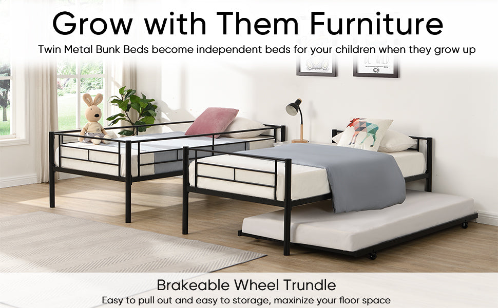 Over Twin Bunk Bed Frame With Trundle,Metal Bunkbed With Sturdy Guard Rail And 2 Sideladders For Kids Adults,Can Be Divided Into Two Beds, No Box Spring Needed, Noise Free For Dorm,Black Box Spring Not Required Twin Black Metal Bedroom Industrial Bunk