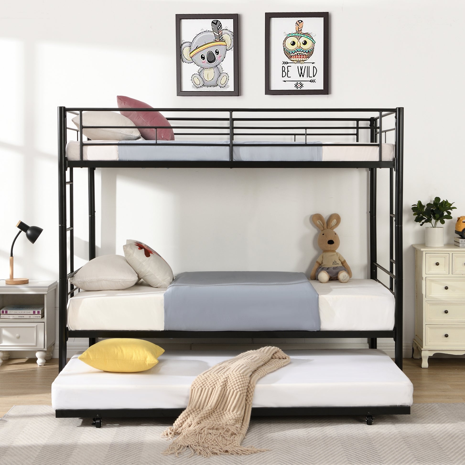 Over Twin Bunk Bed Frame With Trundle,Metal Bunkbed With Sturdy Guard Rail And 2 Sideladders For Kids Adults,Can Be Divided Into Two Beds, No Box Spring Needed, Noise Free For Dorm,Black Box Spring Not Required Twin Black Metal Bedroom Industrial Bunk