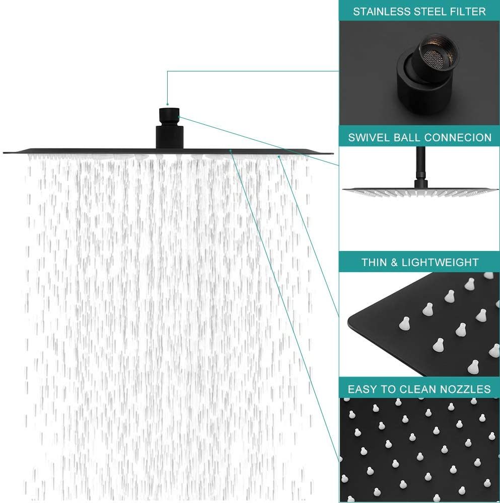 12" Square Rainfall Shower Head Black Top Sprayer Shower Head Wall Ceiling Mounted Matte Black Stainless Steel