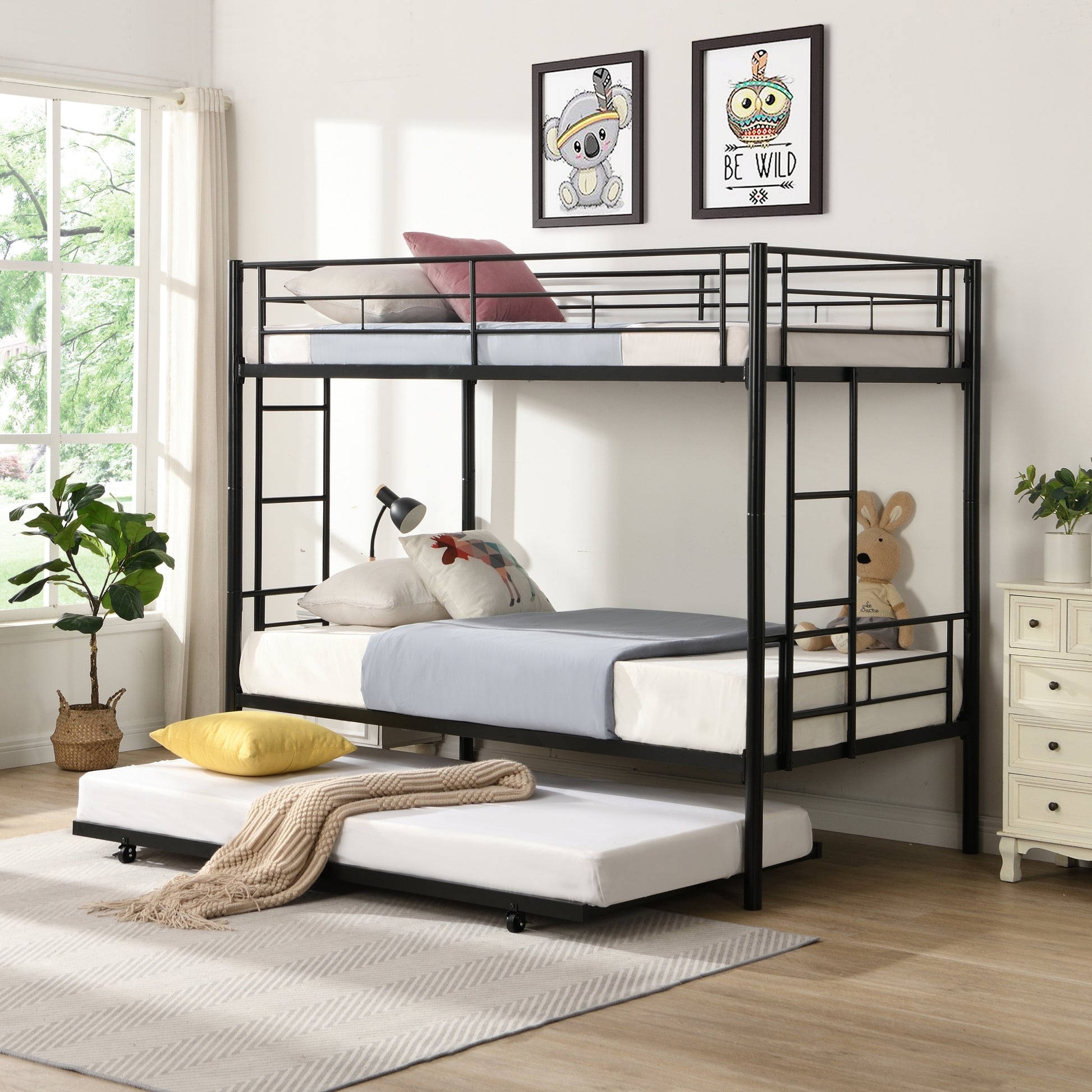 Over Twin Bunk Bed Frame With Trundle,Metal Bunkbed With Sturdy Guard Rail And 2 Sideladders For Kids Adults,Can Be Divided Into Two Beds, No Box Spring Needed, Noise Free For Dorm,Black Box Spring Not Required Twin Black Metal Bedroom Industrial Bunk