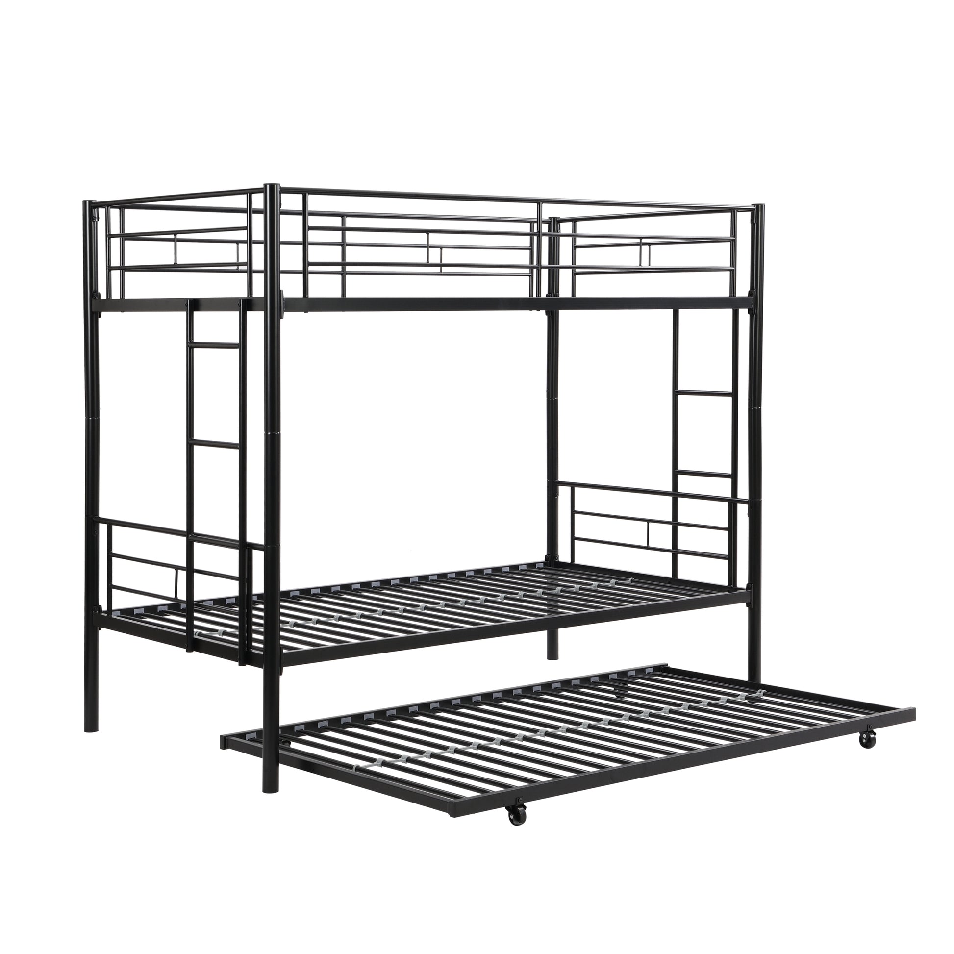 Over Twin Bunk Bed Frame With Trundle,Metal Bunkbed With Sturdy Guard Rail And 2 Sideladders For Kids Adults,Can Be Divided Into Two Beds, No Box Spring Needed, Noise Free For Dorm,Black Box Spring Not Required Twin Black Metal Bedroom Industrial Bunk